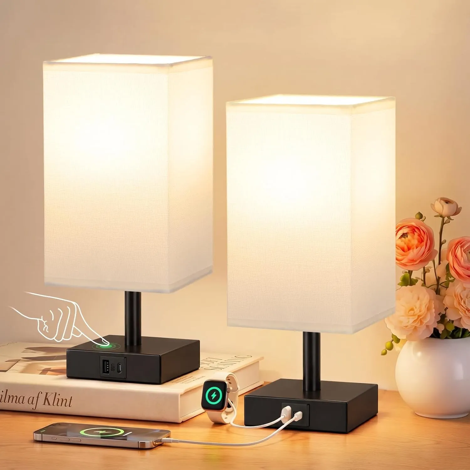 Nachttischlampe Touch Dimmbar 2er Set mit USB A+C Ladefunktion