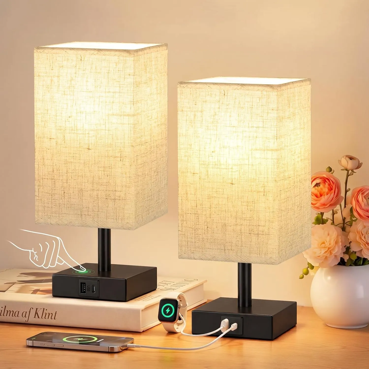 Nachttischlampe Touch Dimmbar 2er Set mit USB A+C Ladefunktion
