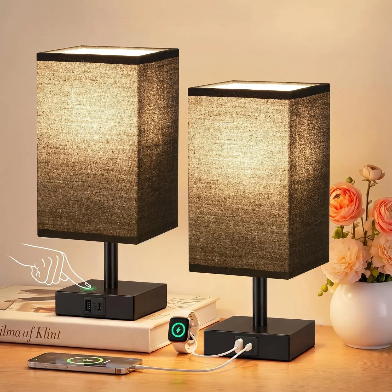 Nachttischlampe Touch Dimmbar 2er Set mit USB A+C Ladefunktion