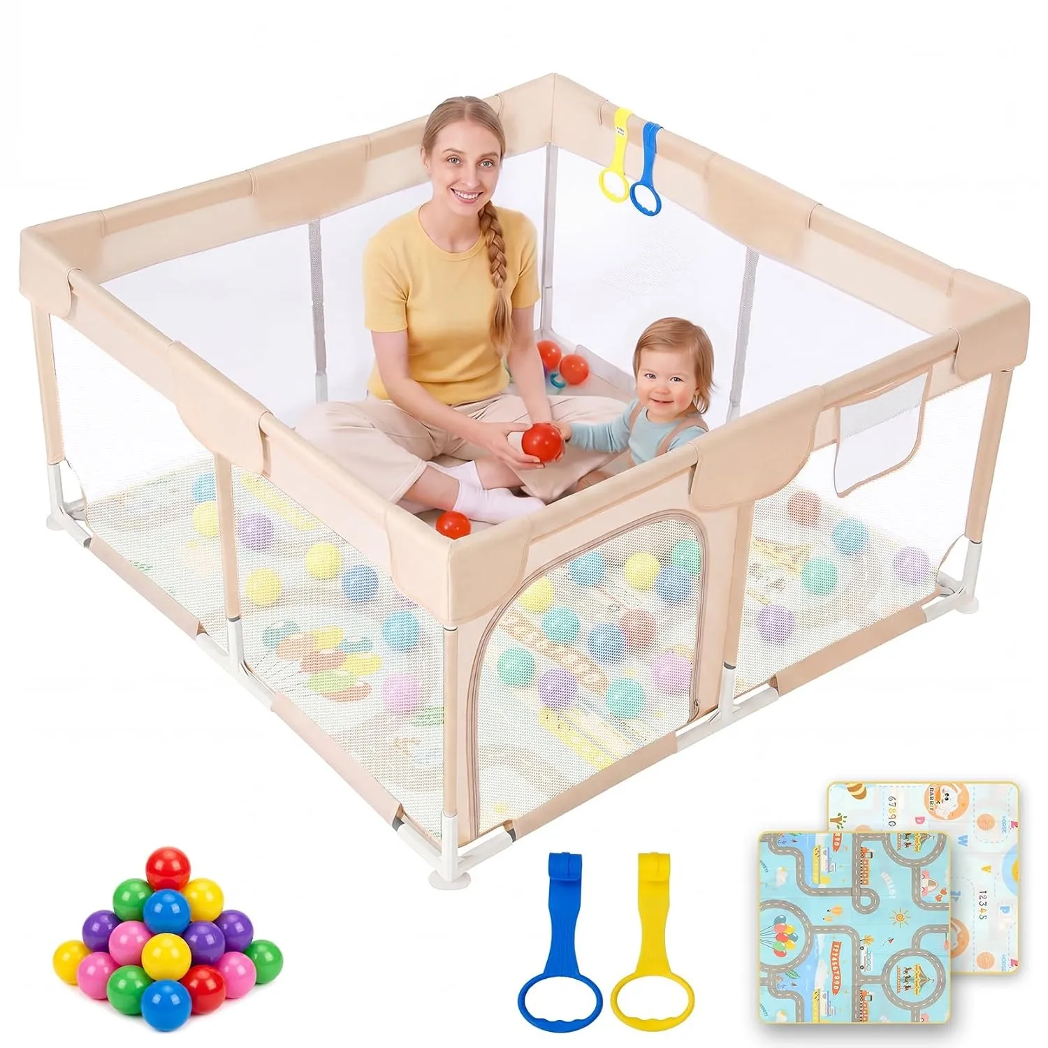Dripex Laufstall Baby mit Matte, Sicheres Baby Laufgitter(Kaffeebraun) | Laufstall Baby mit Matte