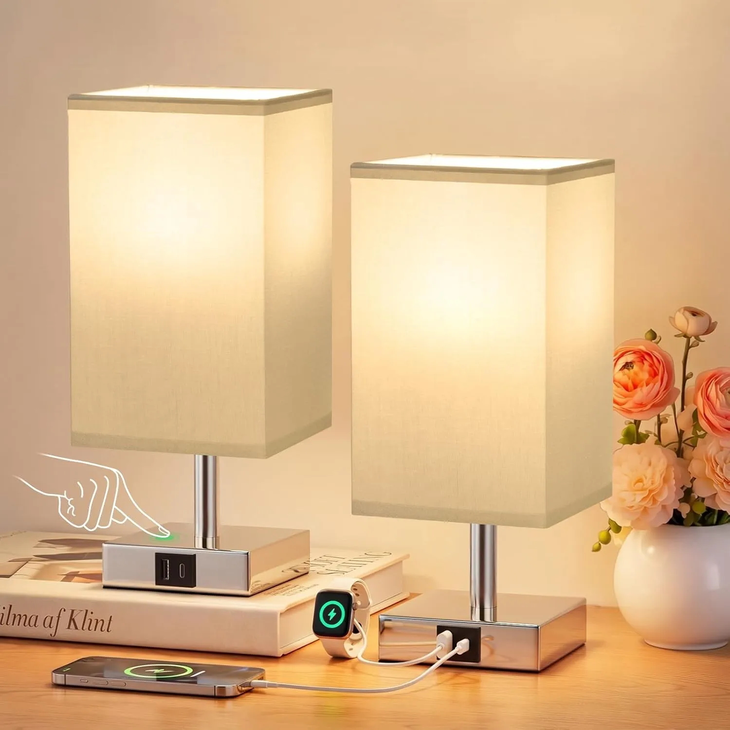 Nachttischlampe Touch Dimmbar 2er Set mit USB A+C Ladefunktion