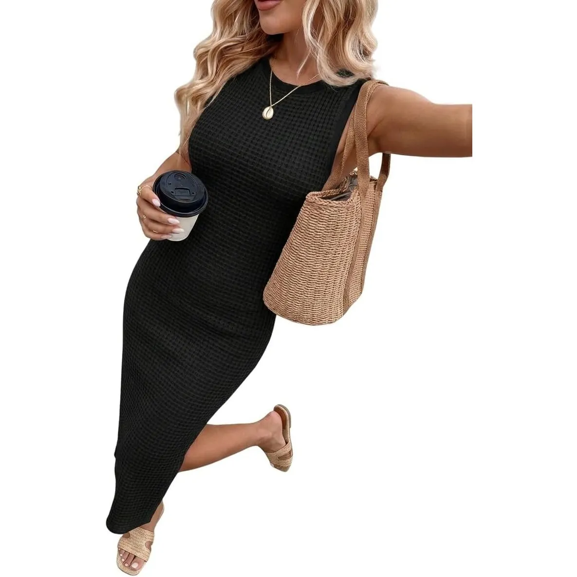 Chicrise Sommerkleid Damen Gestreiftes Bodycon Kleid Ärmelloses Lang Elegant Rundhals Strandkleid Leicht Geschlitzt