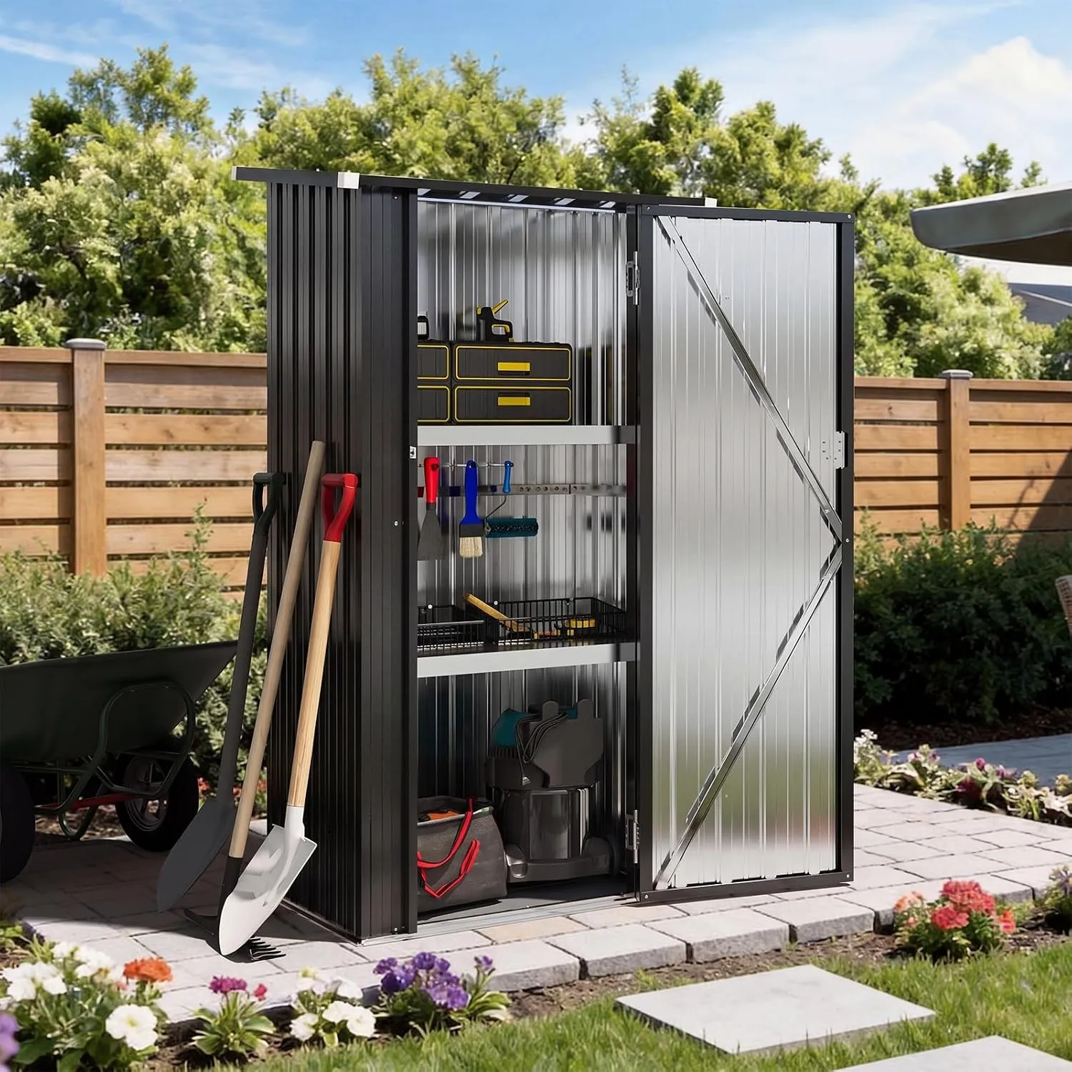 Aoxun Metall-Gerätehaus 88×54×164cm mit 2 verstellbaren Regalböden, Kleiner abschließbarer Werkzeugschrank für Garten, …
