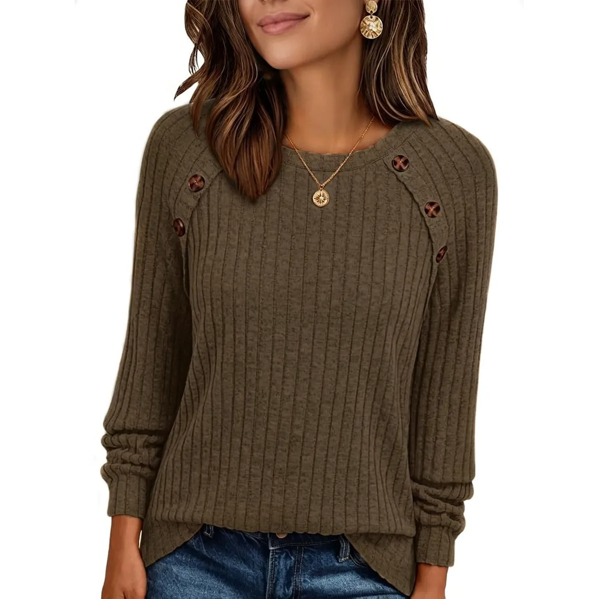 Chicrise Langarmshirt Damen Langarm Rundhals Pullover Knöpfe Strick Ribbed