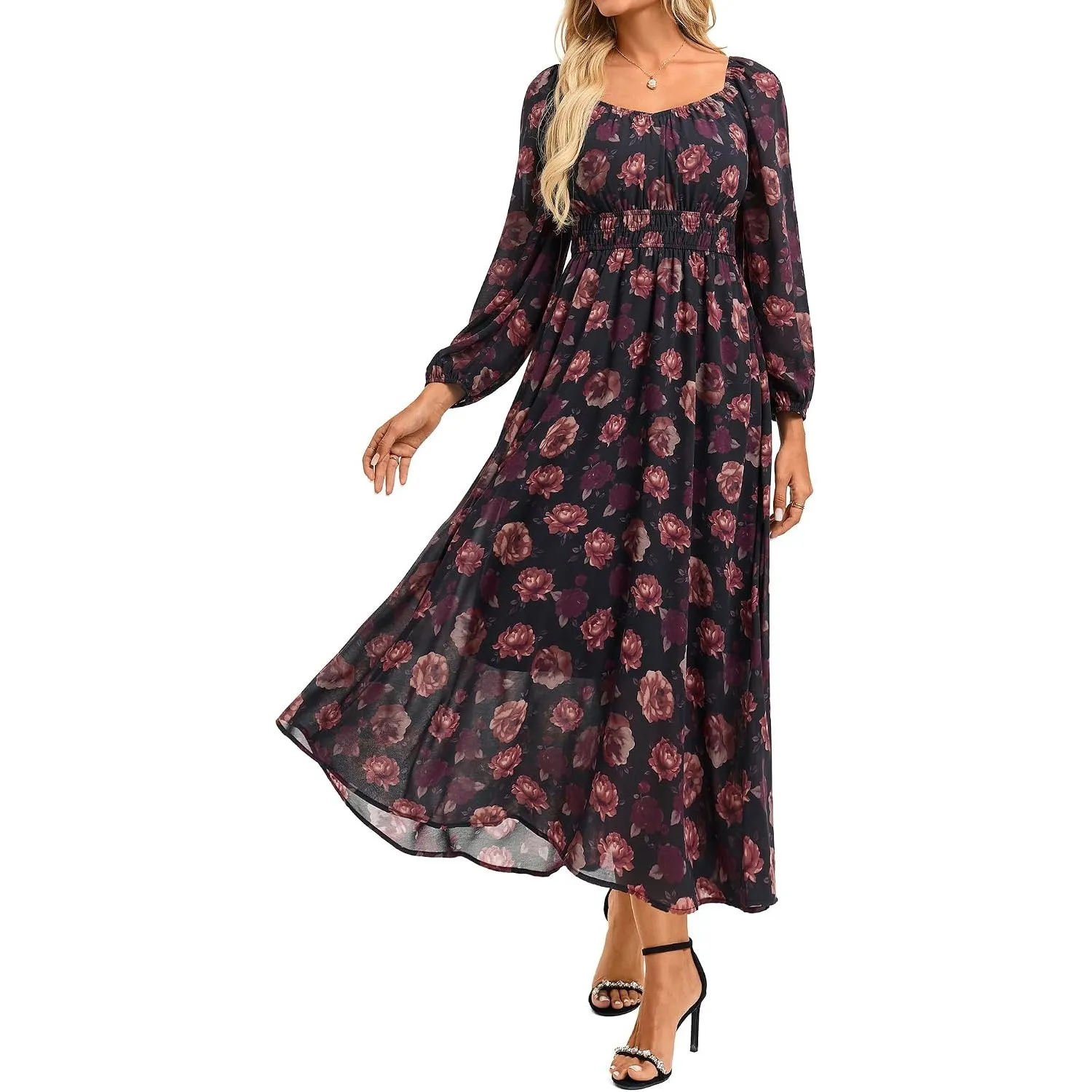 GRACE KARIN Damen A-Linie Kleid V-Ausschnitt Langarm Hochzeitsgast Blumen