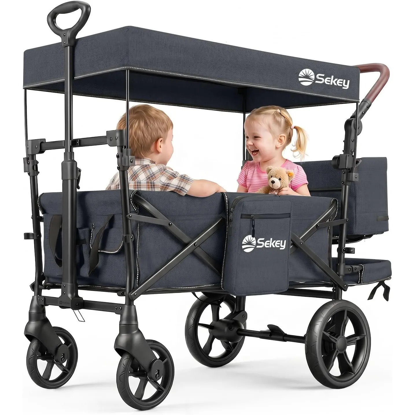 Sekey Bollerwagen Faltbar mit Dach SS8080, Kinderwagen für 1-2 Kinder | Klappbarer Handwagen mit XXL Rädern (Ø 24/20 cm…