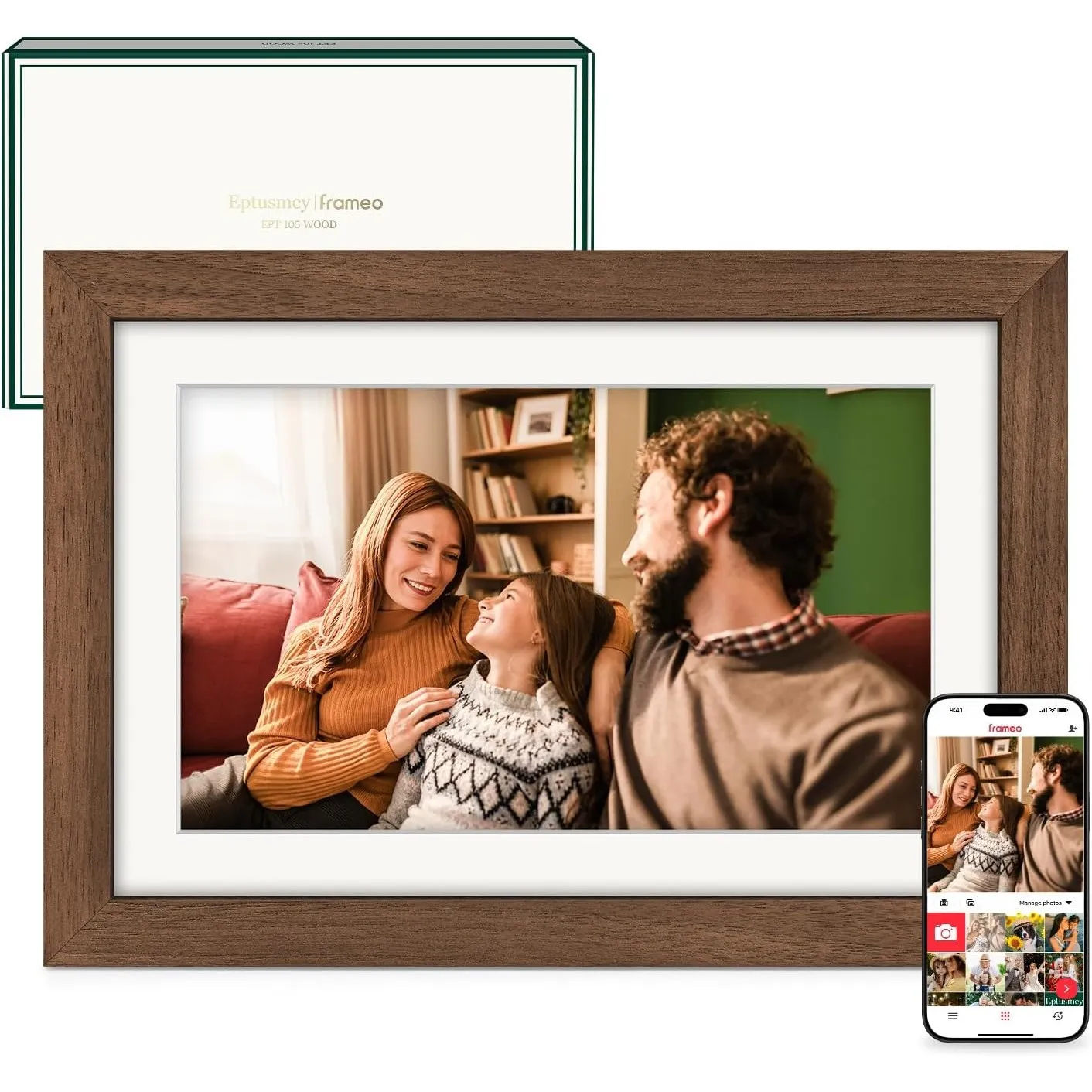 Frameo Digitaler Bilderrahmen WLAN 10.1" Walnussholz 1280x800 HD IPS 32G