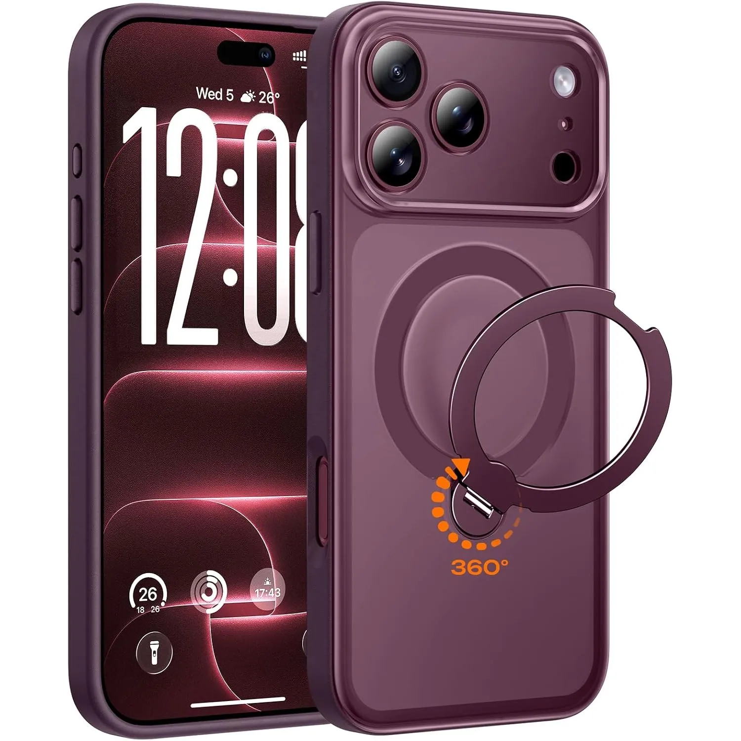 TOCOL für iPhone 18 Pro Hülle mit Ständer, 360° Drehbarem, Burgundy