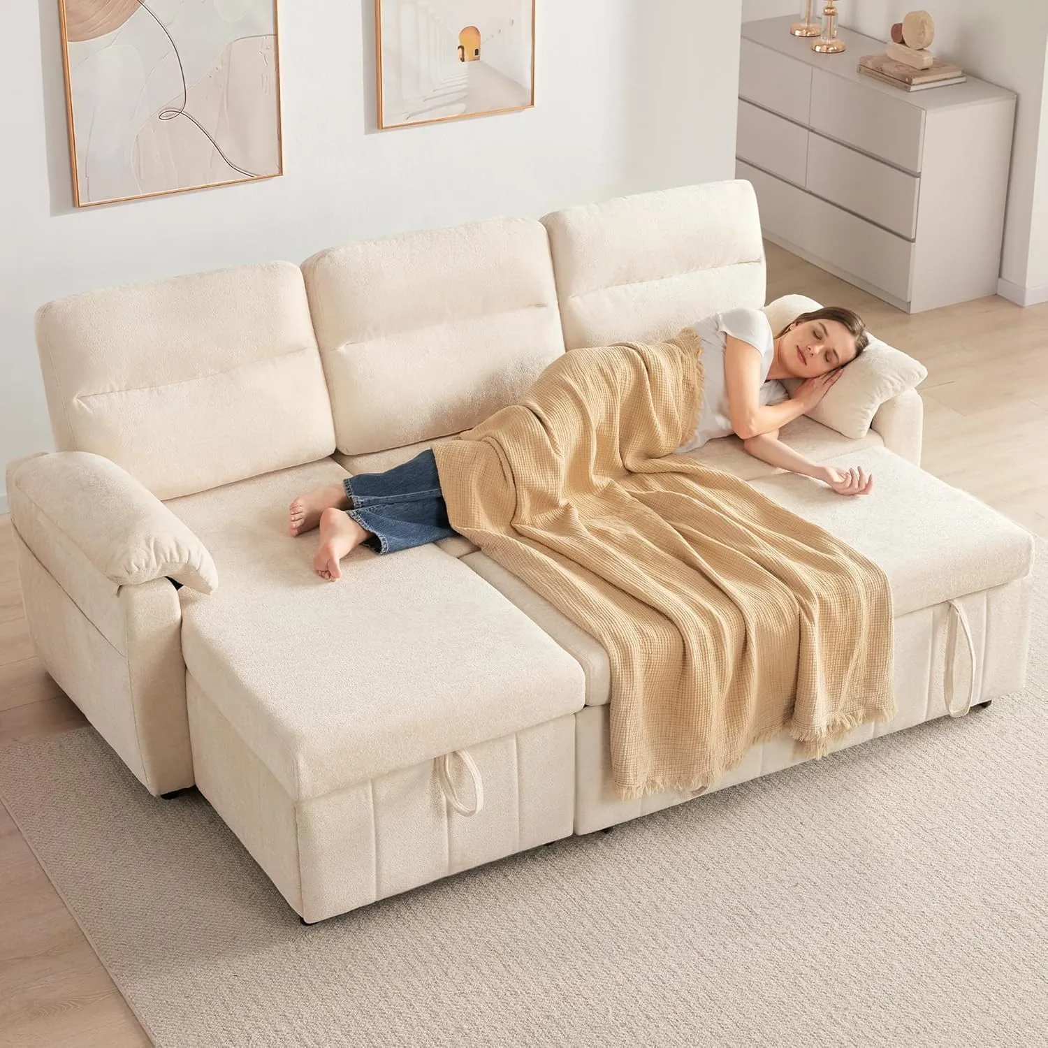 Kingfun 213cm Ecksofa mit Schlaffunktion & Bettkasten, 3-Sitzer ausziehbares L-Form Schlafsofa mit USB & Stauraum, Klei…