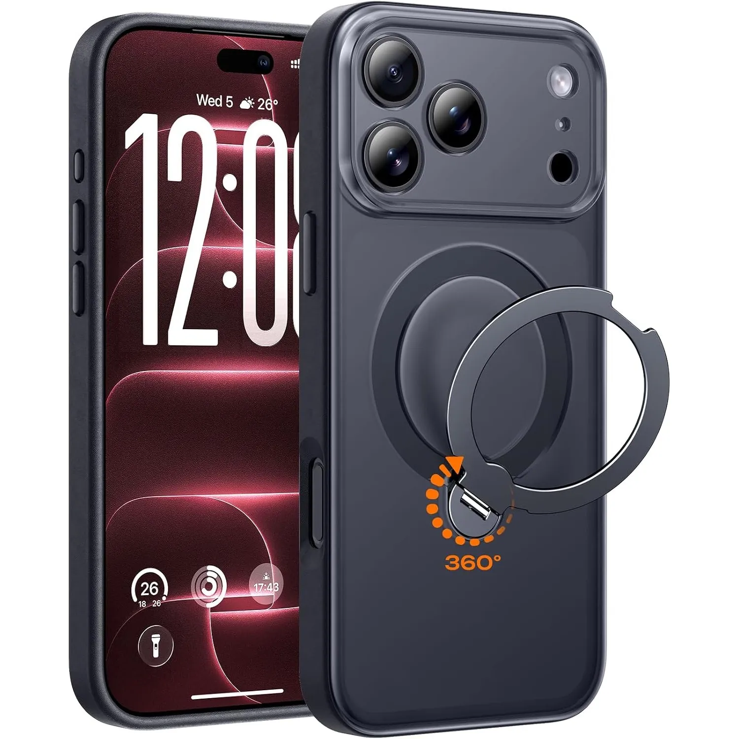 TOCOL für iPhone 18 Pro Hülle mit Ständer, 360° Drehbarem, Schwarz