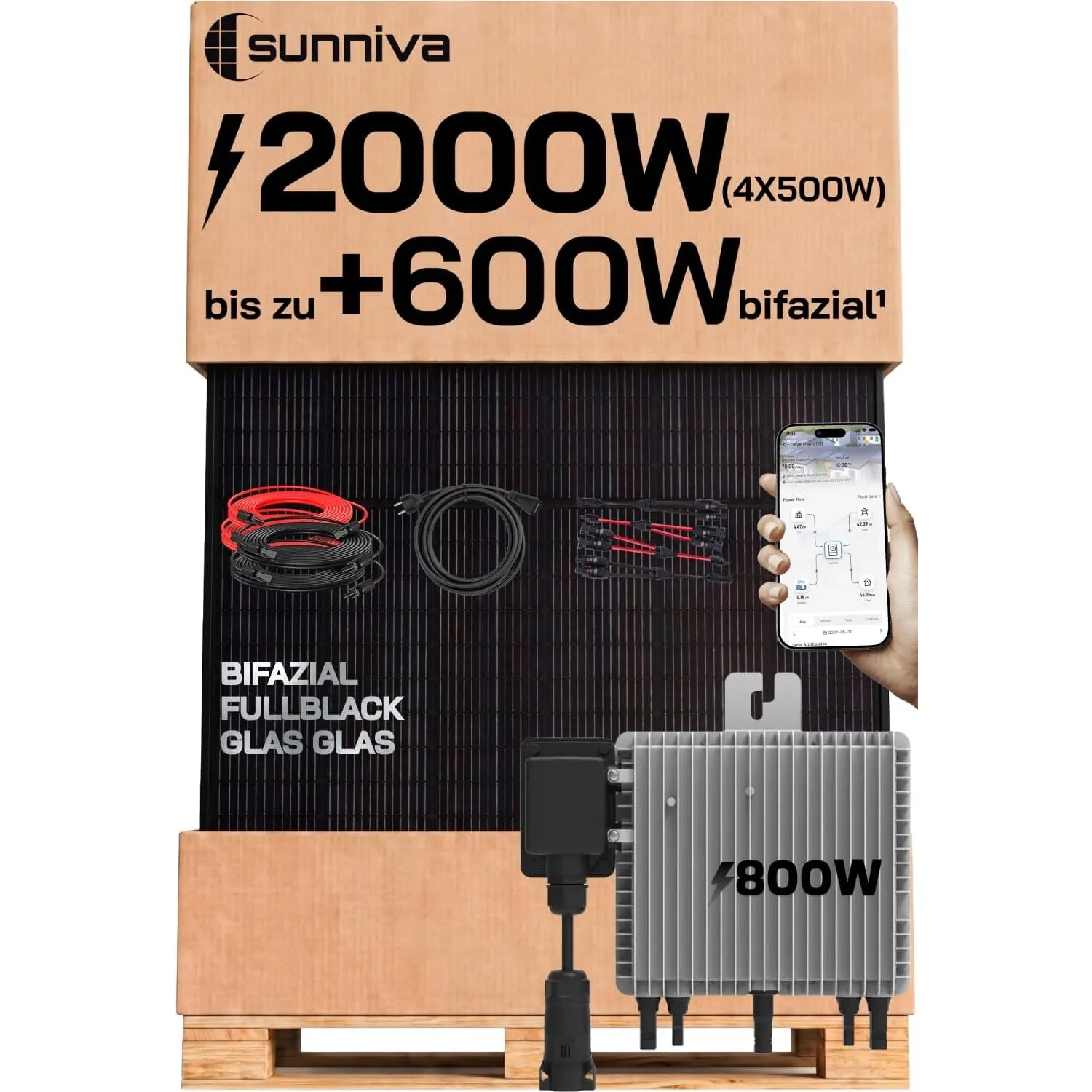 SUNNIVA® 2000W Balkonkraftwerk mit 800W Wechselrichter DEYE, BIFAZIAL FULLBLACK komplett Steckdose, PV Solaranlage Komp…