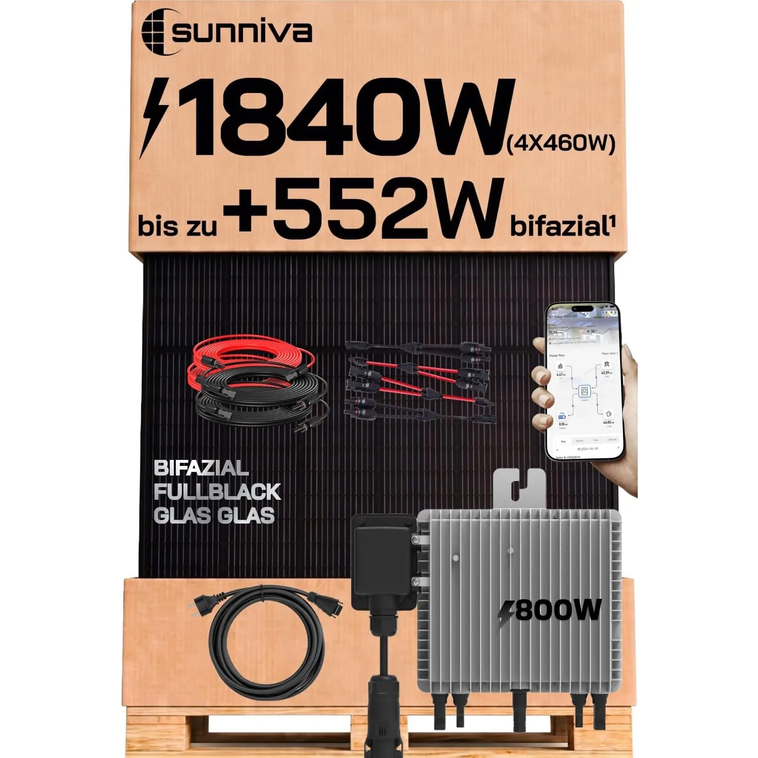 SUNNIVA® 1840W Balkonkraftwerk mit 800W Wechselrichter DEYE, BIFAZIAL FULLBLACK komplett Steckdose, PV Solaranlage Komp…