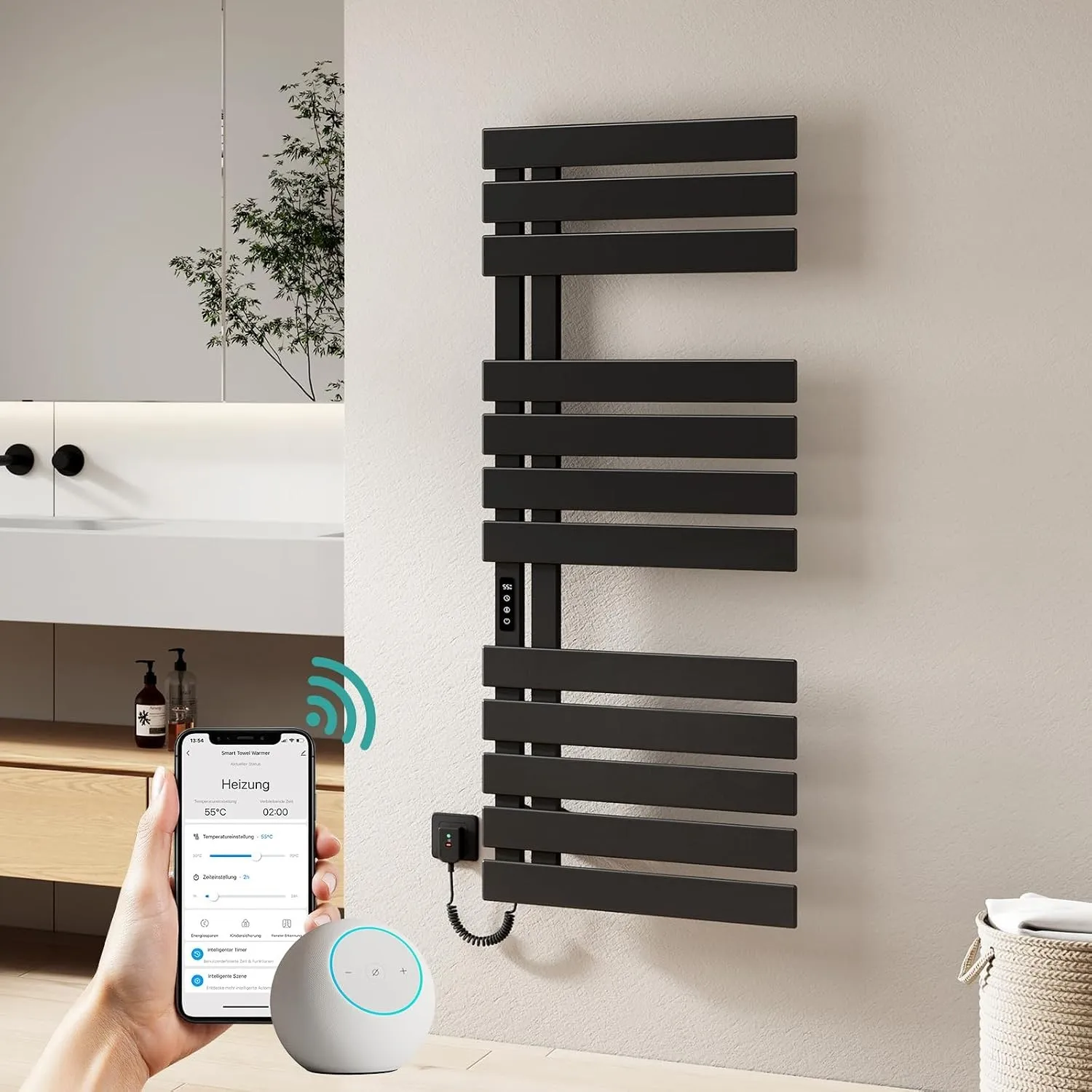 EMKE WiFi Elektrischer Handtuchheizkörper 1300 x 500 mm, Schwarz, 440 Watt
