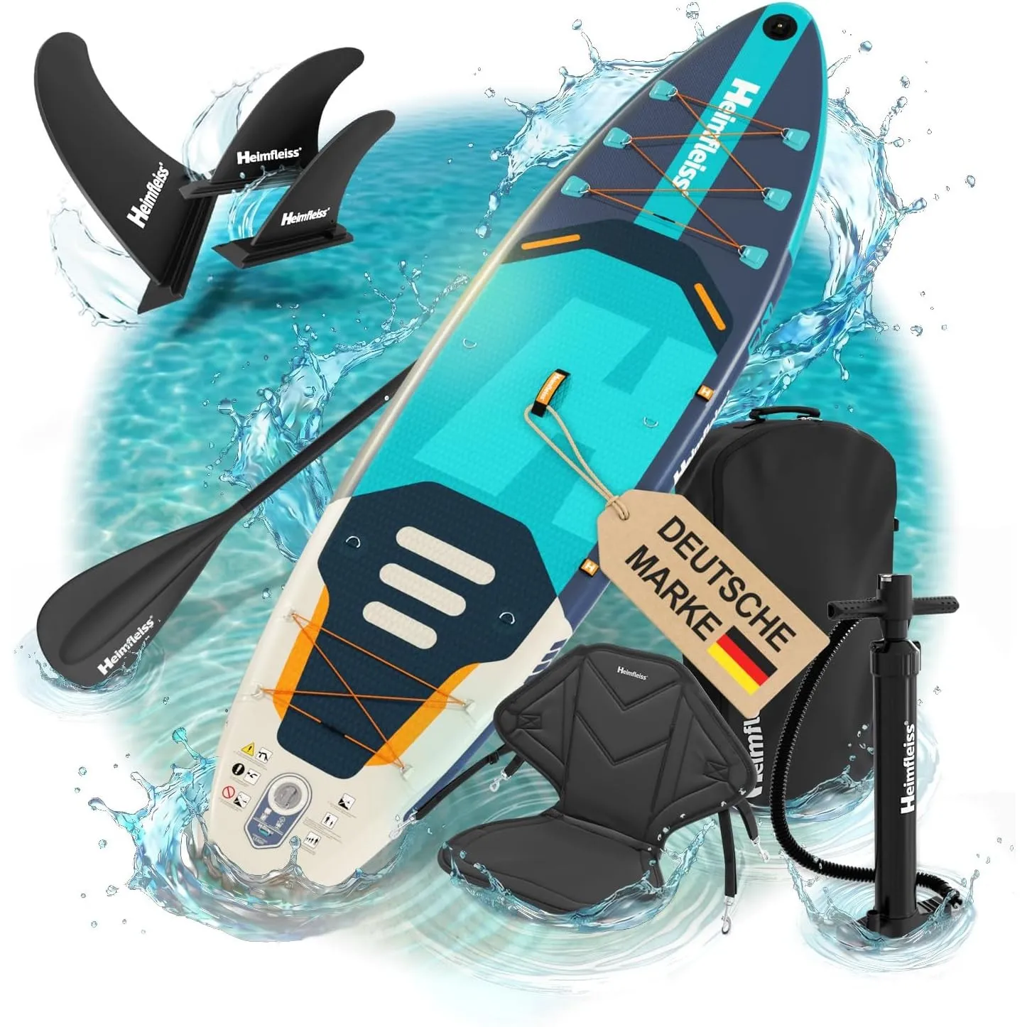 Heimfleiss® SUP Board aufblasbar Komplettset 320 x 81 x 15 cm (bis 200kg) | Stand Up Paddling Board mit Sitz & Kajak-Fu…
