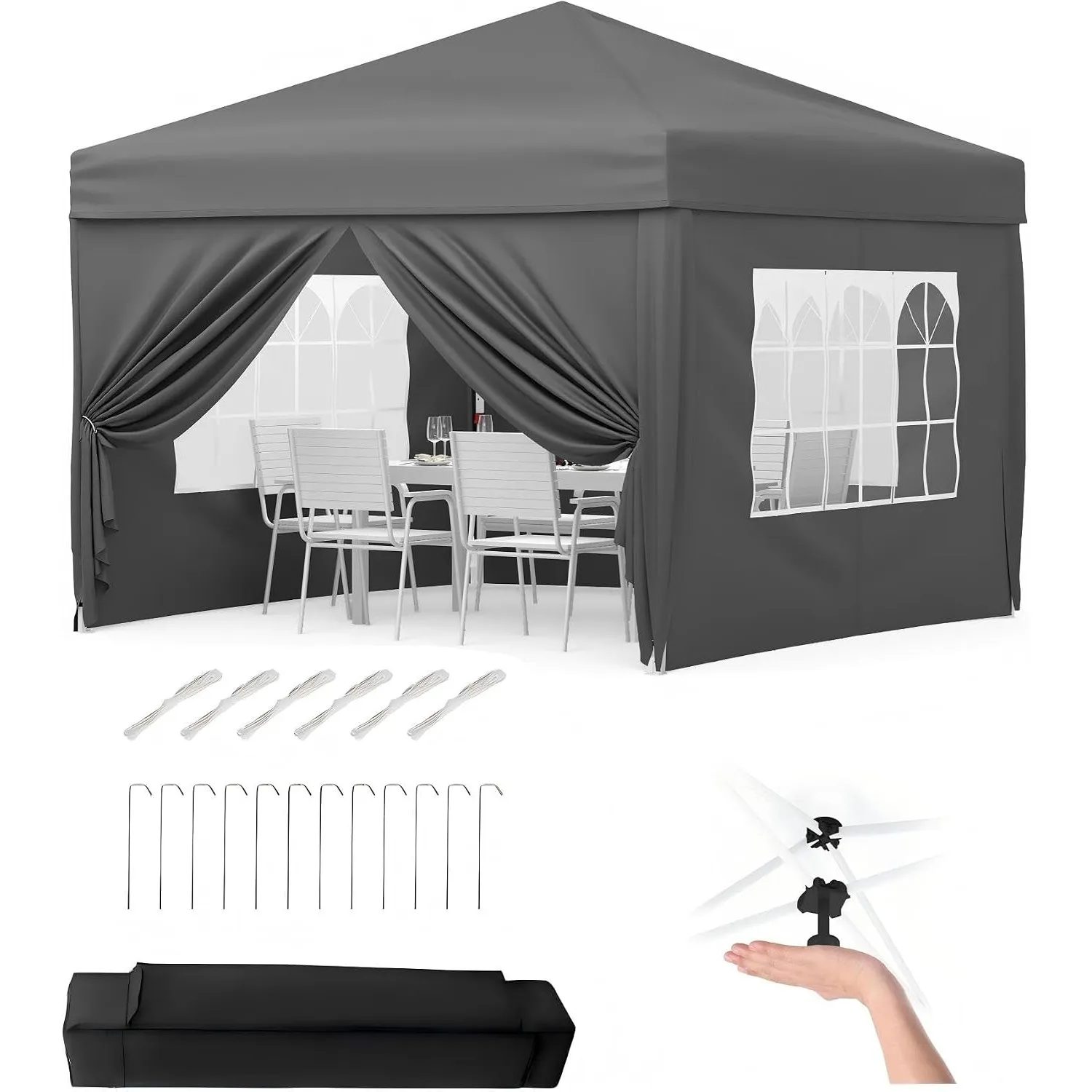Faltbarer Pavillon, 3 x 3 m, wasserdicht, für den Garten, 4 Seitenwände mit Fenstern, UV-Schutz 50+, höhenverstellbar, …