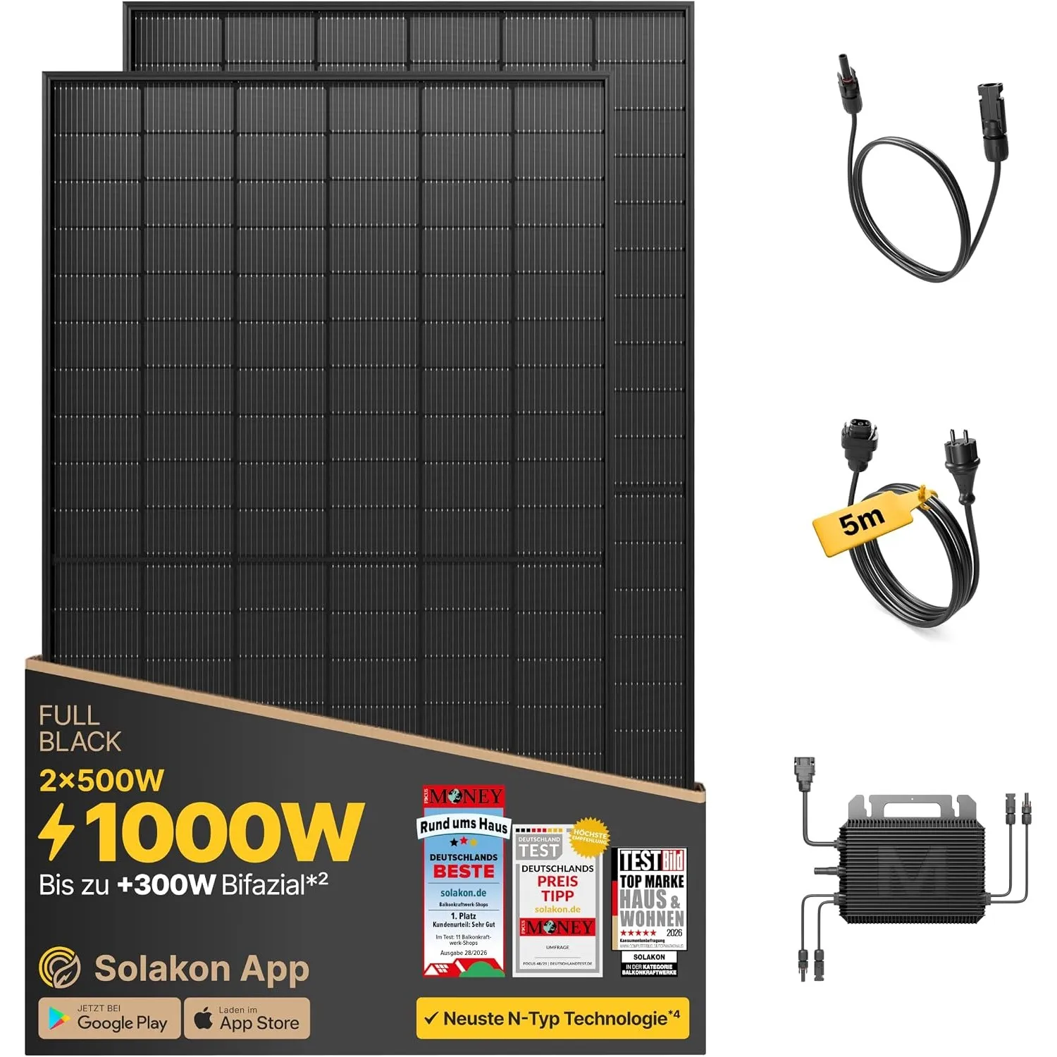 Solakon 1000W Balkonkraftwerk - Balkonkraftwerk 800W komplett Steckdose - neuester 800 Watt Wechselrichter - Solaranlag…