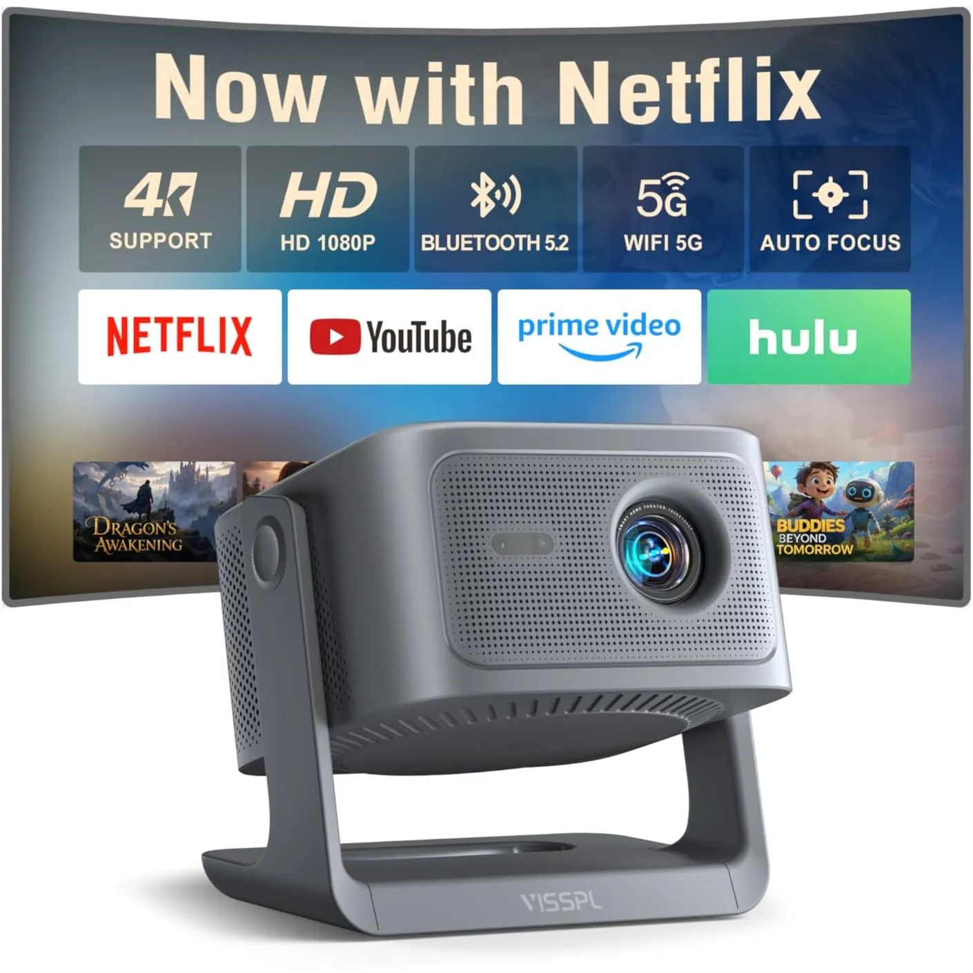 [3200ANSI&Offiziell lizenzierte App] Smart Beamer 4K Heimkino, VISSPL 3D Dolby Audio und Autofokus Outdoor Projektor Ha…