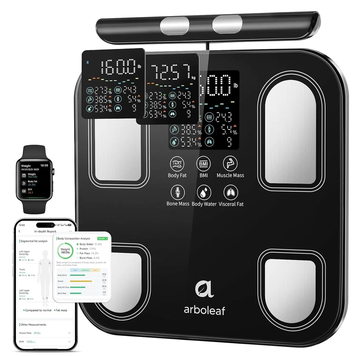 arboleaf Körperfettwaage Körperanalysewaage mit handsensoren 28*28CM, CS10O