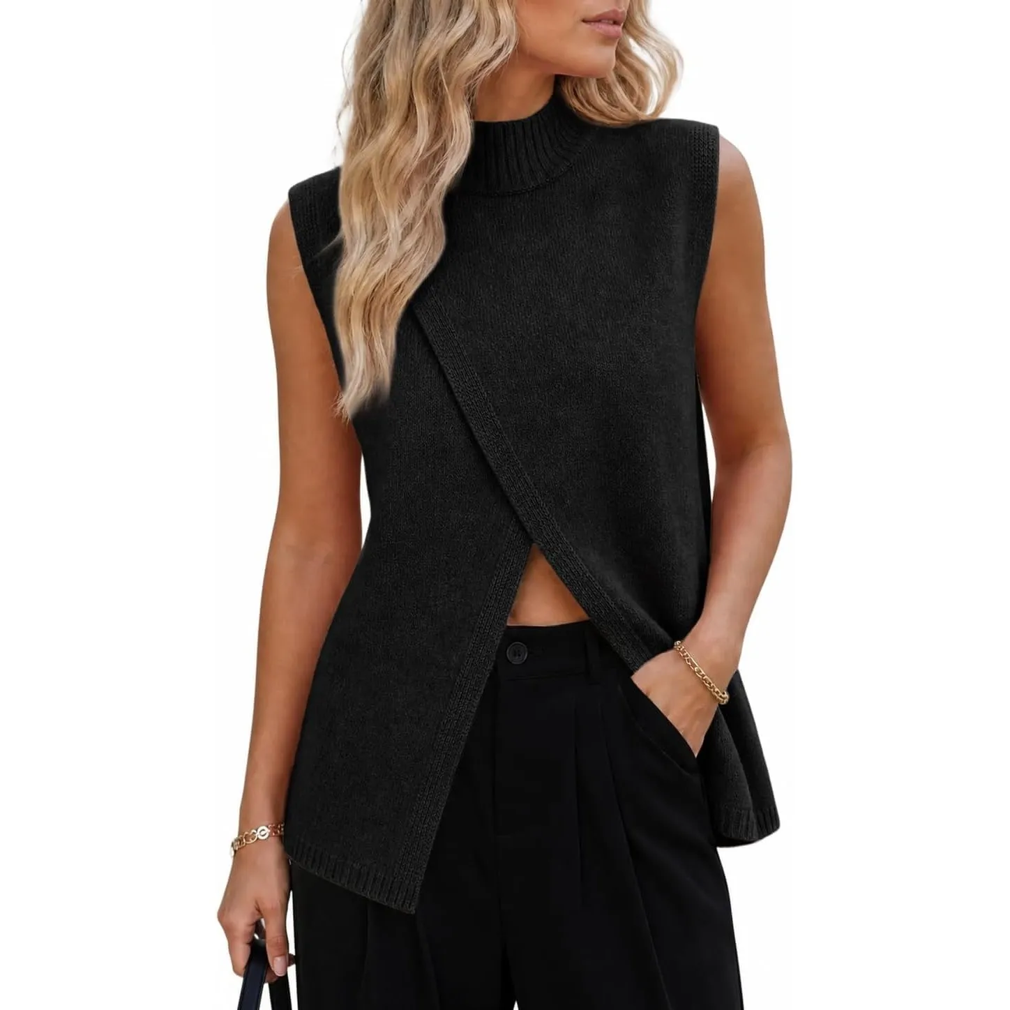 Saodimallsu Damen Ärmellos Strickweste Stehkragen Pullover Weste