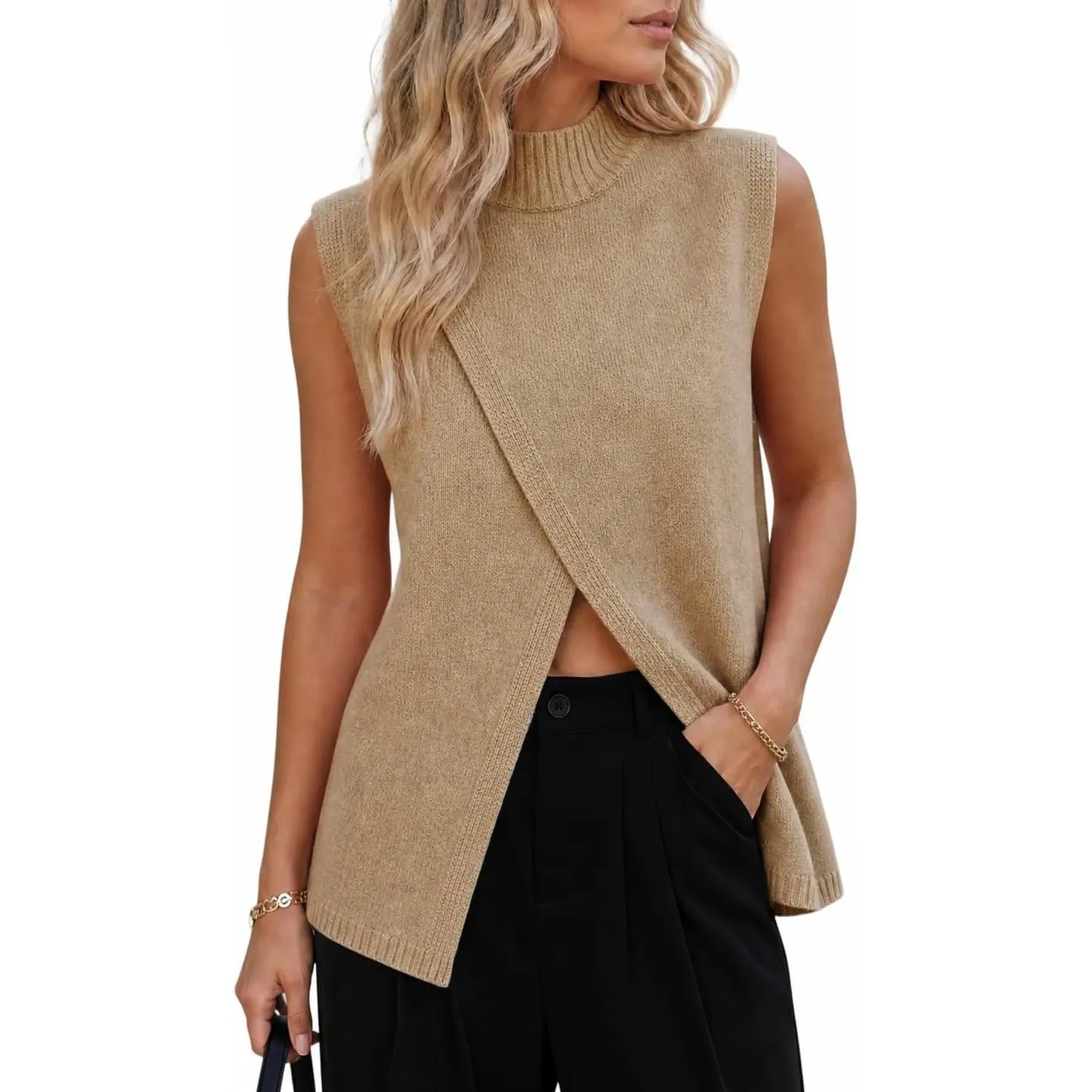 Saodimallsu Damen Ärmellos Strickweste Stehkragen Pullover Weste