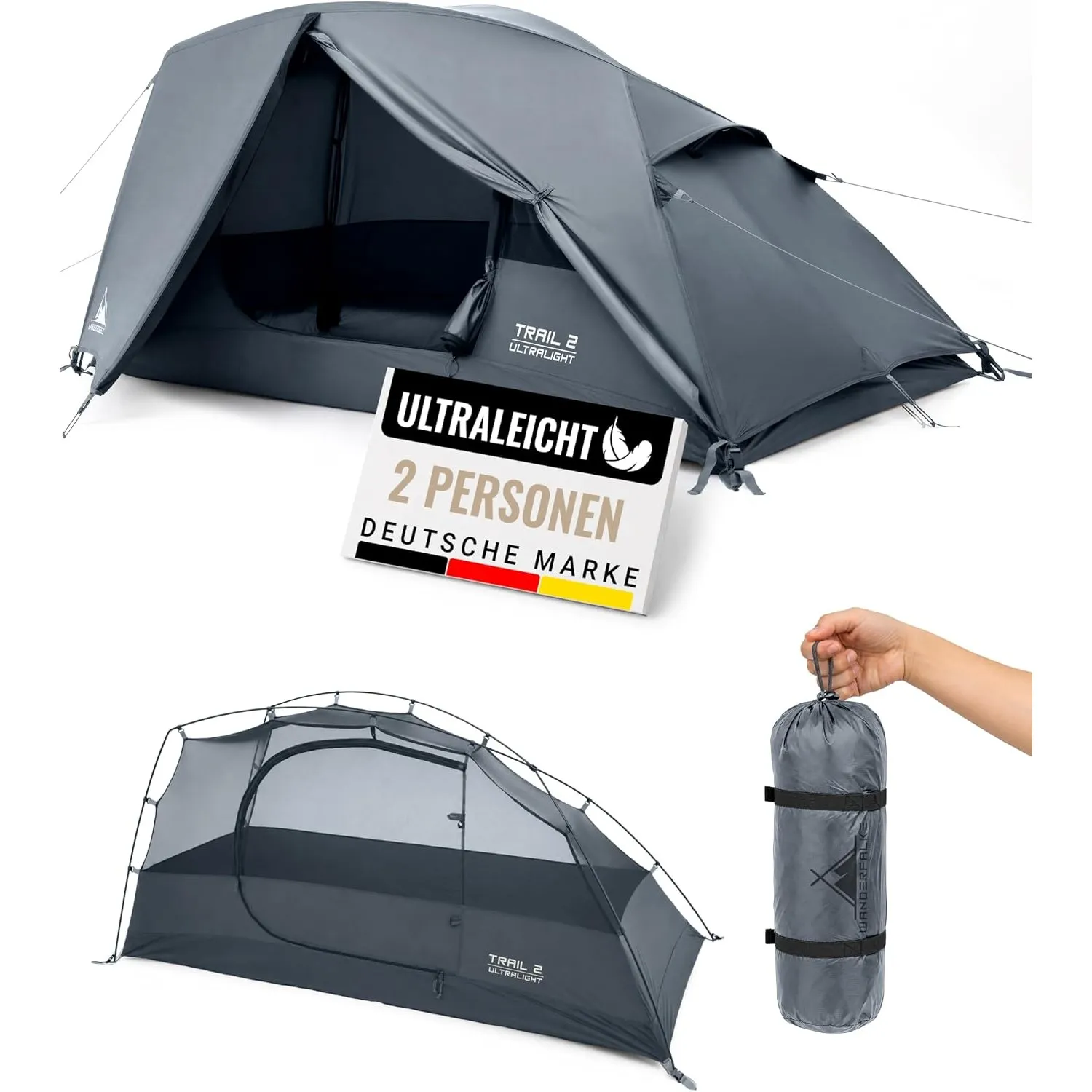 WANDERFALKE® Trail 1 & 2 Personen Zelt Ultraleicht, kleines Packmaß, wasserdicht 4.000mm, leichtes 1-2 Mann Trekkingzel…