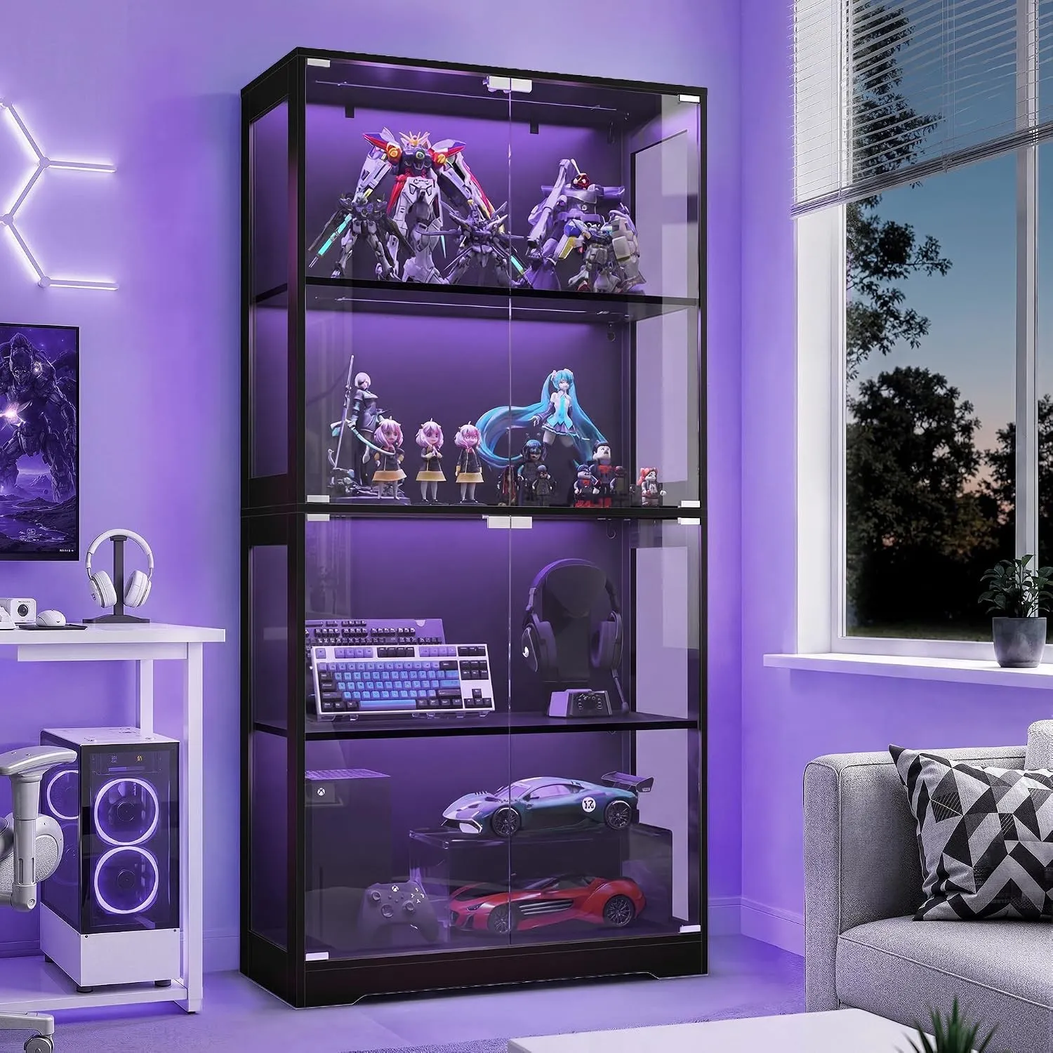 LUE BONA Glasvitrine mit 4 Einlegeböden,Vitrine mit Gehärtetem Glas,Schwarz