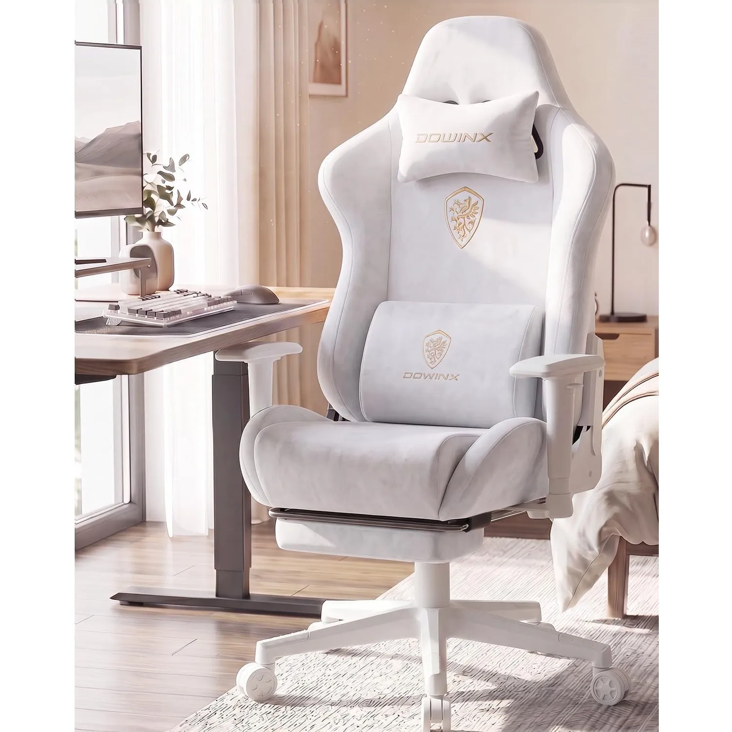 Dowinx Gaming Stuhl, Ergonomischer Gamer Chair mit Fußstütze, Wildlederimitat Gaming Sessel mit 90°-155° Rückenlehne, 1…