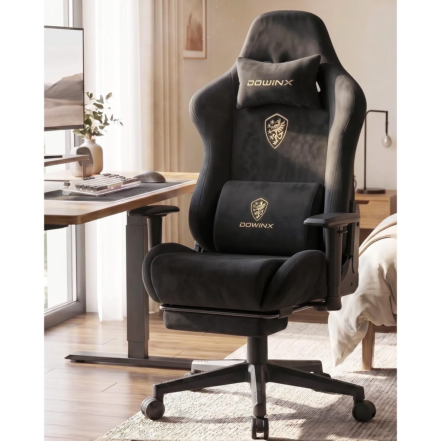Dowinx Gaming Stuhl, Ergonomischer Gamer Chair mit Fußstütze, Wildlederimitat Gaming Sessel mit 90°-155° Rückenlehne, 1…