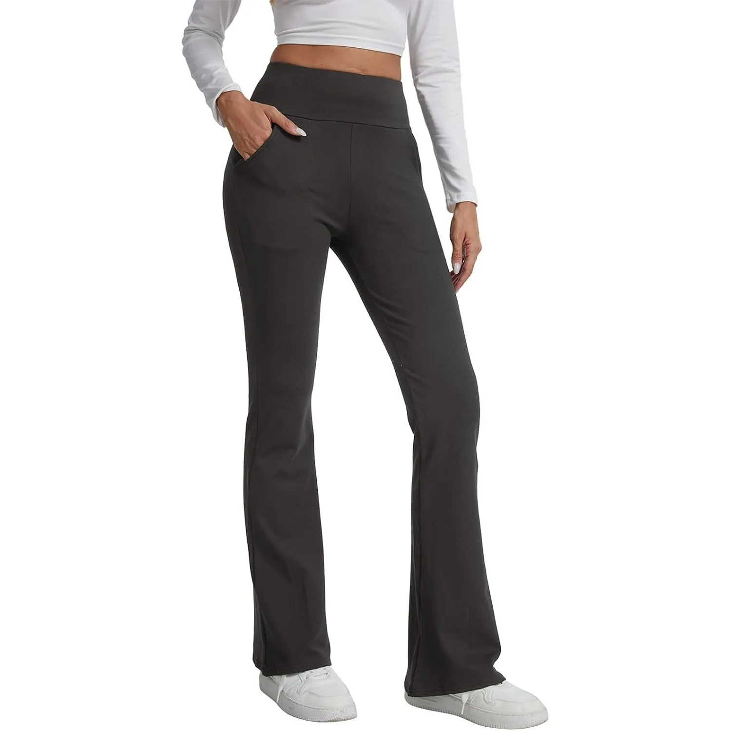 Fleece Flared Leggings Damen mit Taschen Schlaghose Bauchkontrolle