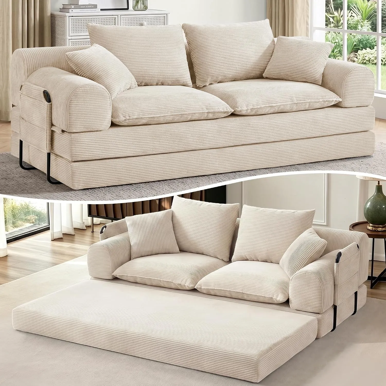 Vipbear Schlafsofa 201cm Breit,5-in-1 Faltbares Boneless Couch Beige