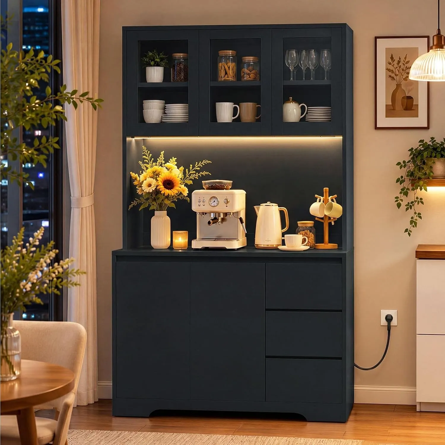 Küchenschrank mit LED & Steckdosenleiste, hoher Buffetschrank, Sideboard für Küche, verstellbaren Einlegeböden, 3 Schub…