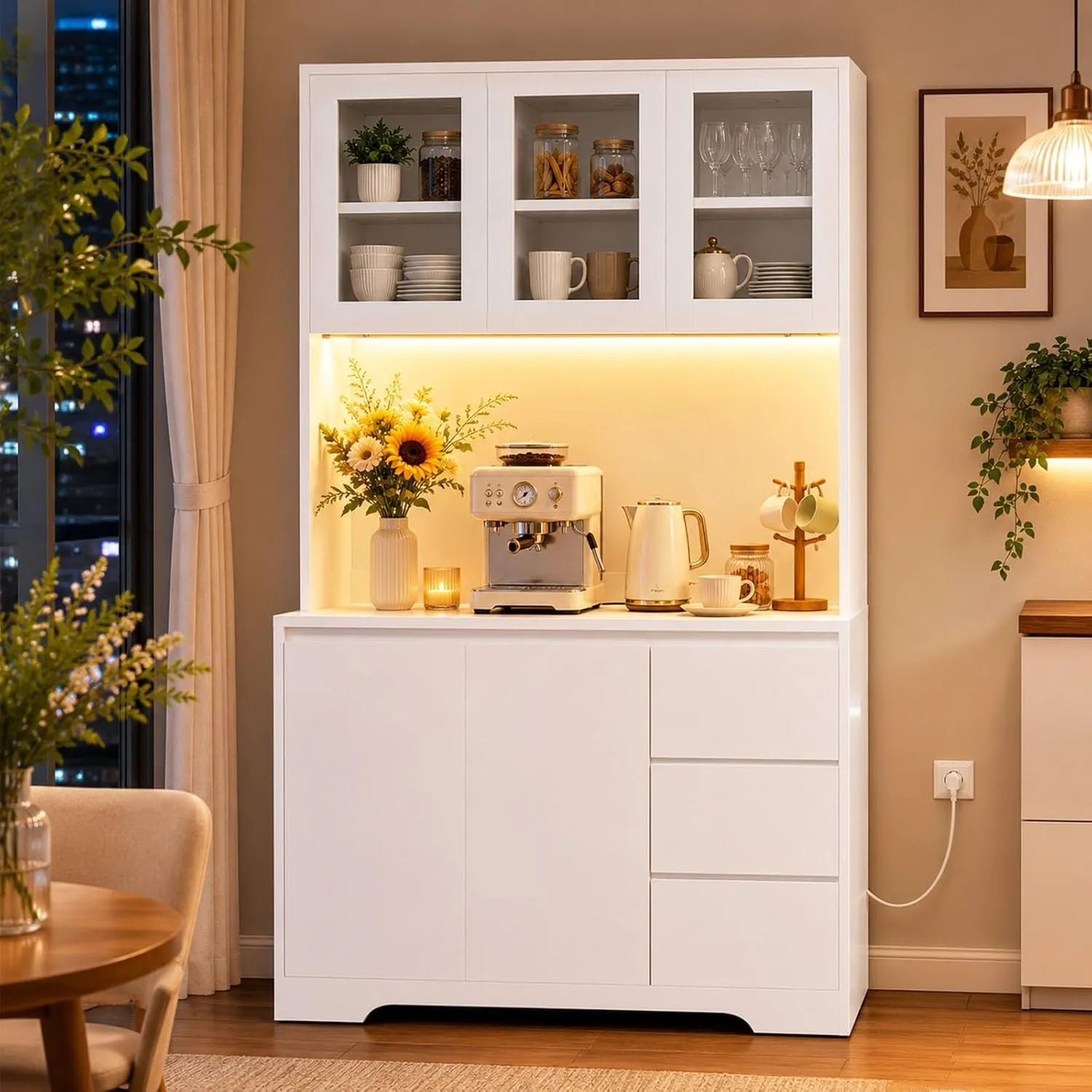 Küchenschrank mit LED & Steckdosenleiste, hoher Buffetschrank, Sideboard für Küche, verstellbaren Einlegeböden, 3 Schub…