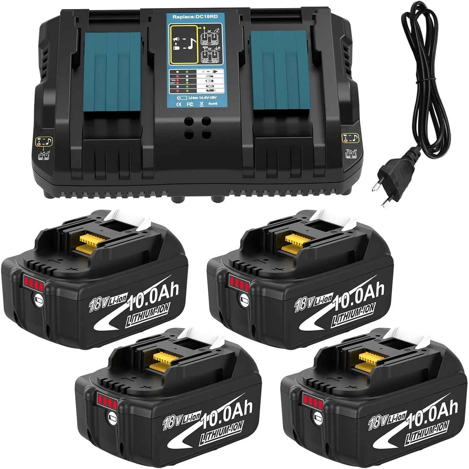 4 Stück 10.0Ah Ersatzakku für Makita Akku 18V 10Ah + Ladegerät DC18RD Ersatz BL1860B BL1860B BL1850B BL1850 BL1860 BL18…