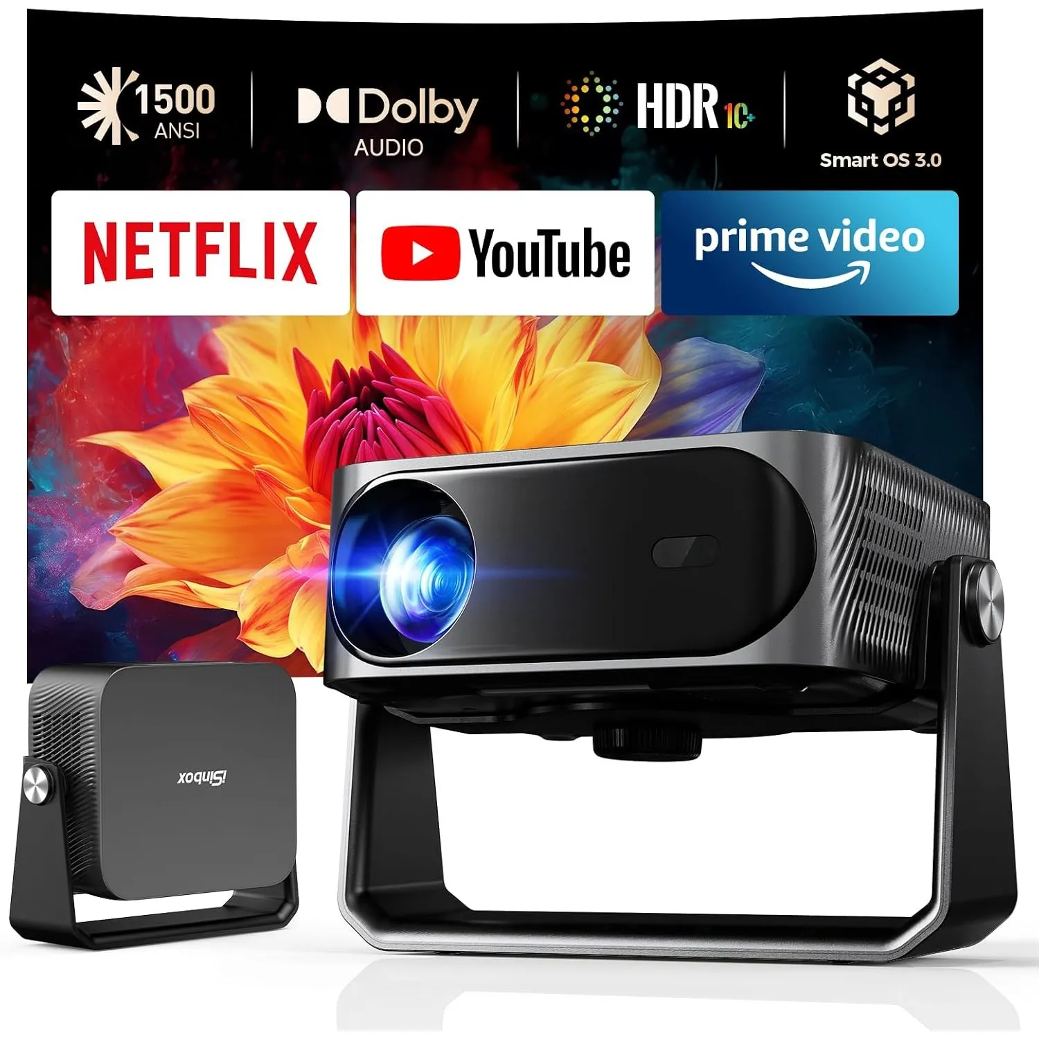 iSinbox Smart Beamer 4K Heimkino mit Netflix, Outdoor Projektor mit 2x15W Dolby Audio, 360° Drehständer,Autofokus,6D Tr…