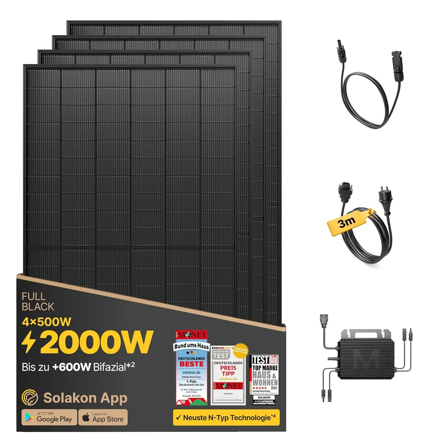 Solakon Balkonkraftwerk 2000W komplett Steckdose - Balkonkraftwerk 2000 Watt neuester Wechselrichter 800W - Solaranlage…