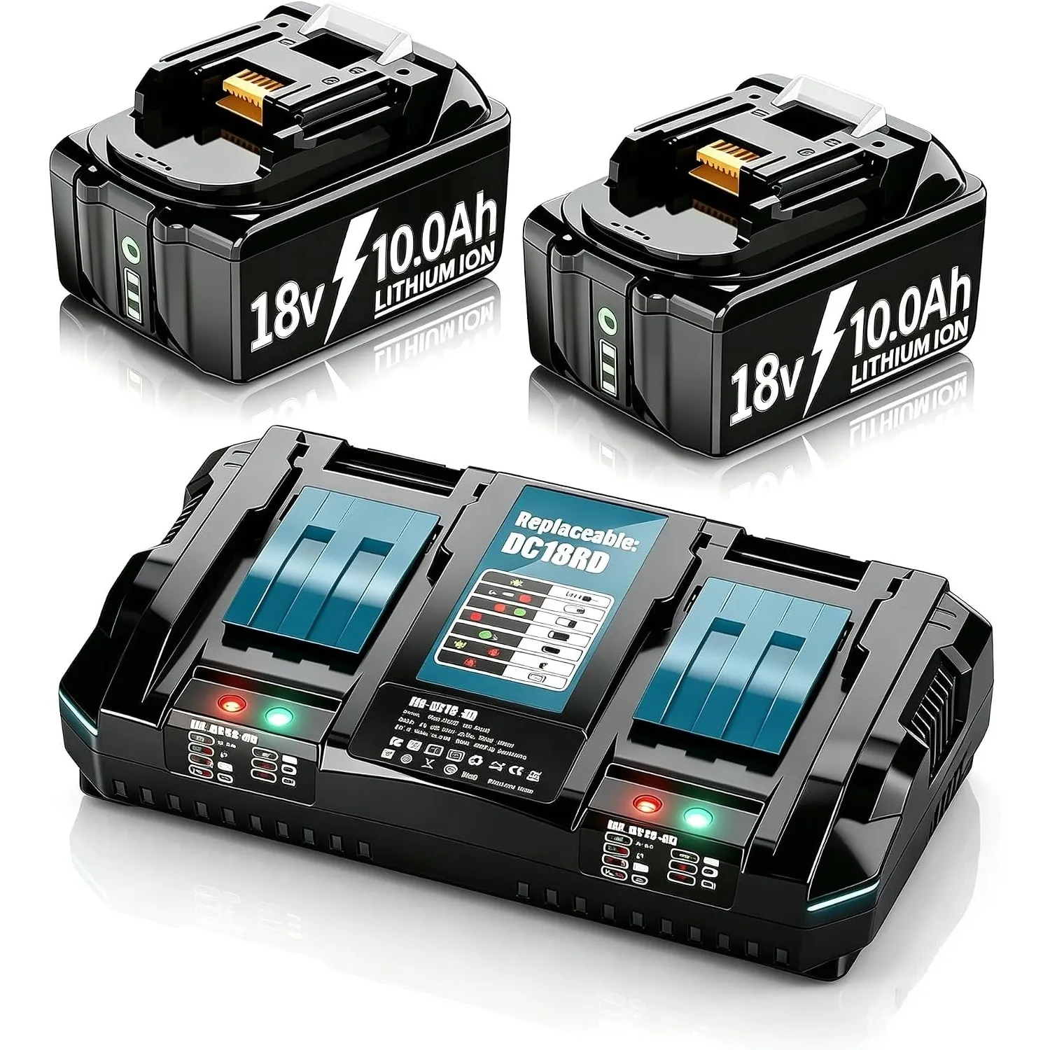 DC18RD 18V Ladegerät mit 2 X 10.0Ah Akku Ersatzakku für Makita Akku und Ladegerät BL1850 BL1850B BL1830 BL1860B BL1845 …
