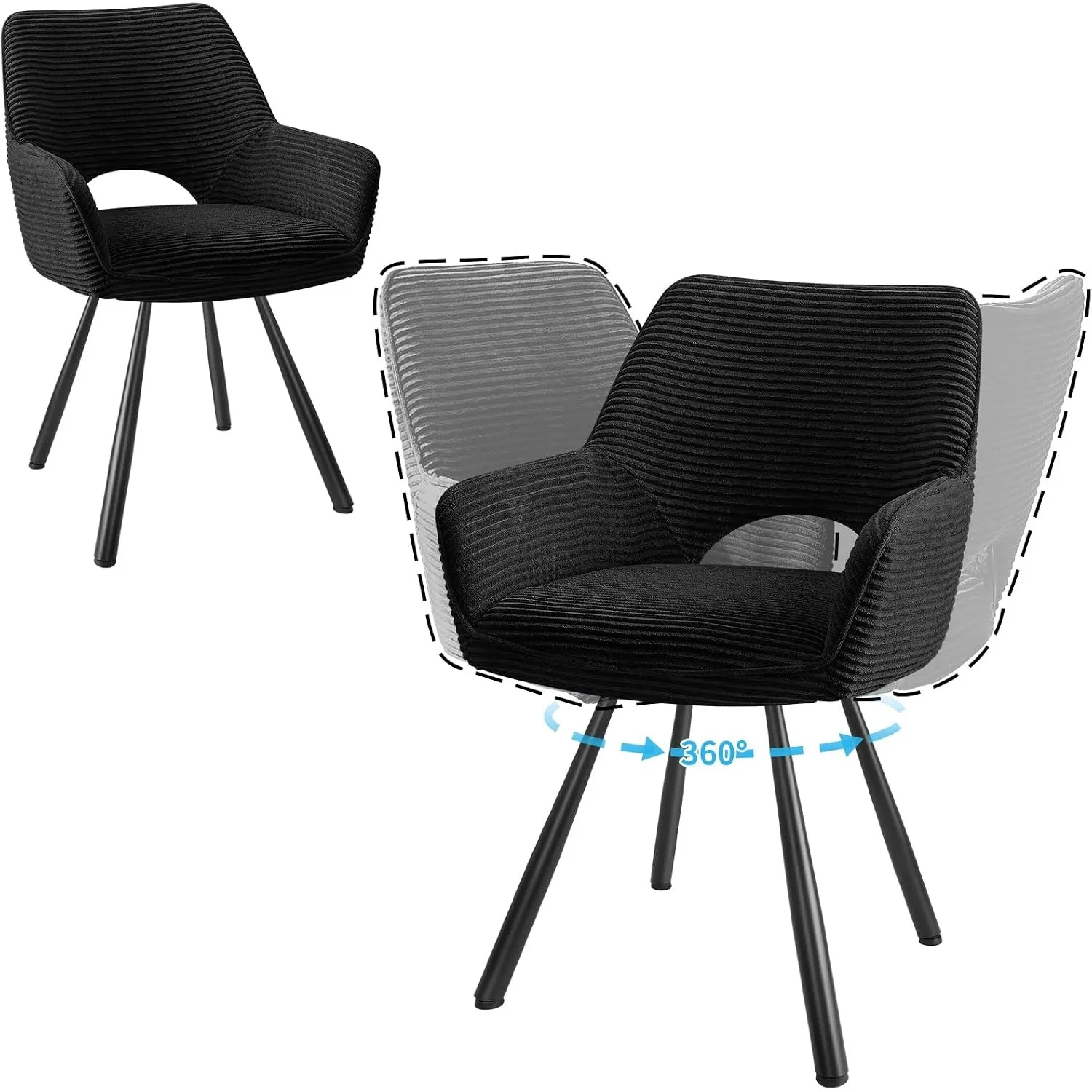 JIJIAN 2er Set 360° Drehbare Esszimmerstühle mit Armlehnen, Schwarz
