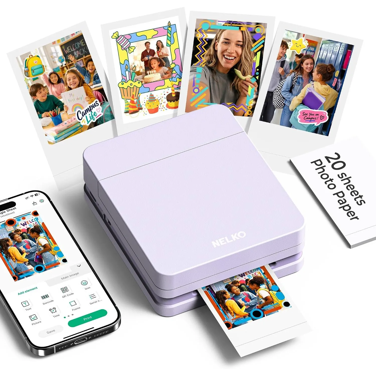 Nelko Fotodrucker für Smartphone, PP01 Mini Fotodrucker, 20 Blatt, Voilett