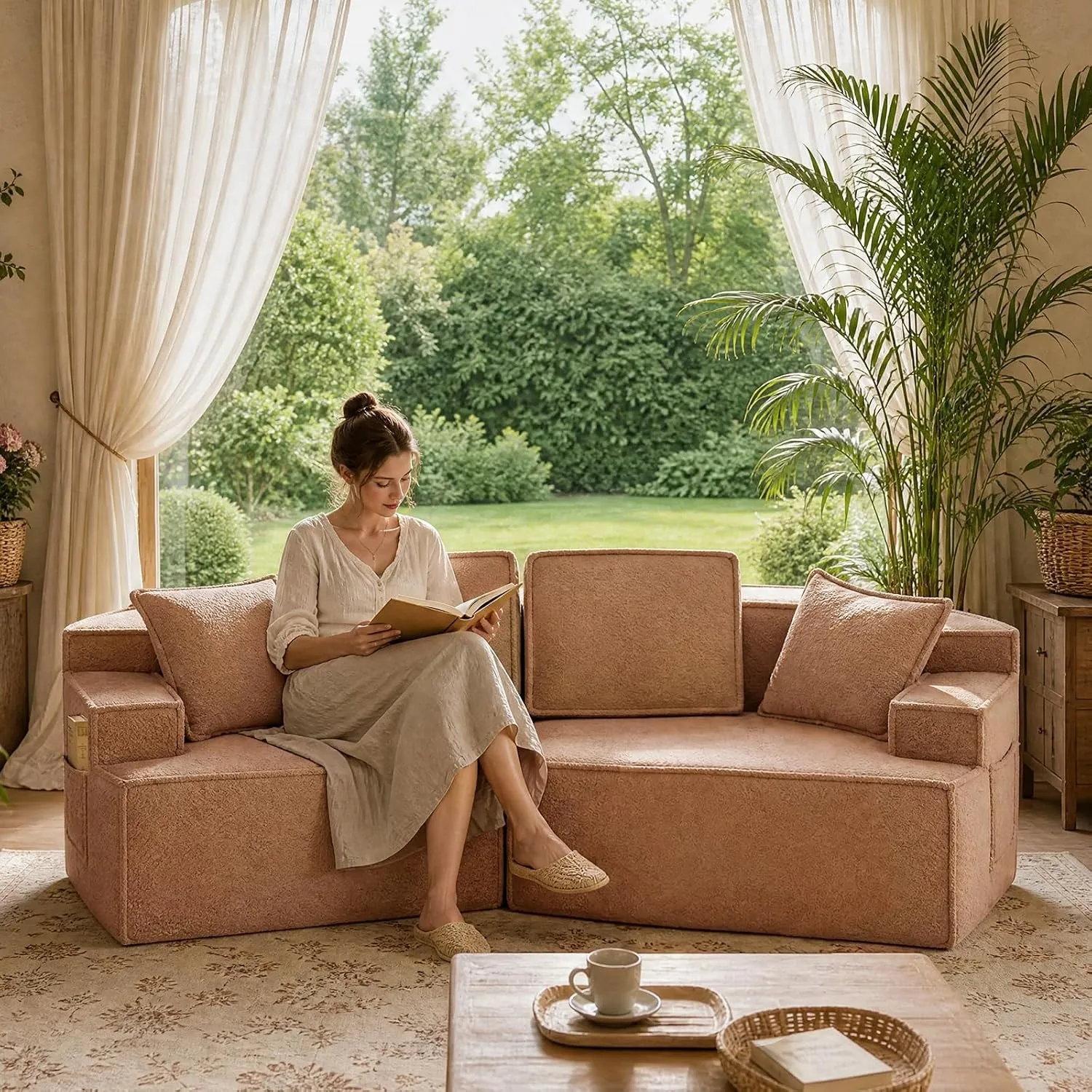 COMHOMA Sofa 2 Sitzer, 228 x 75 x 67 cm, modulares Schlafsofa, Polstersofa, mit Aufbewahrungstasche, Couch mit schlaffu…