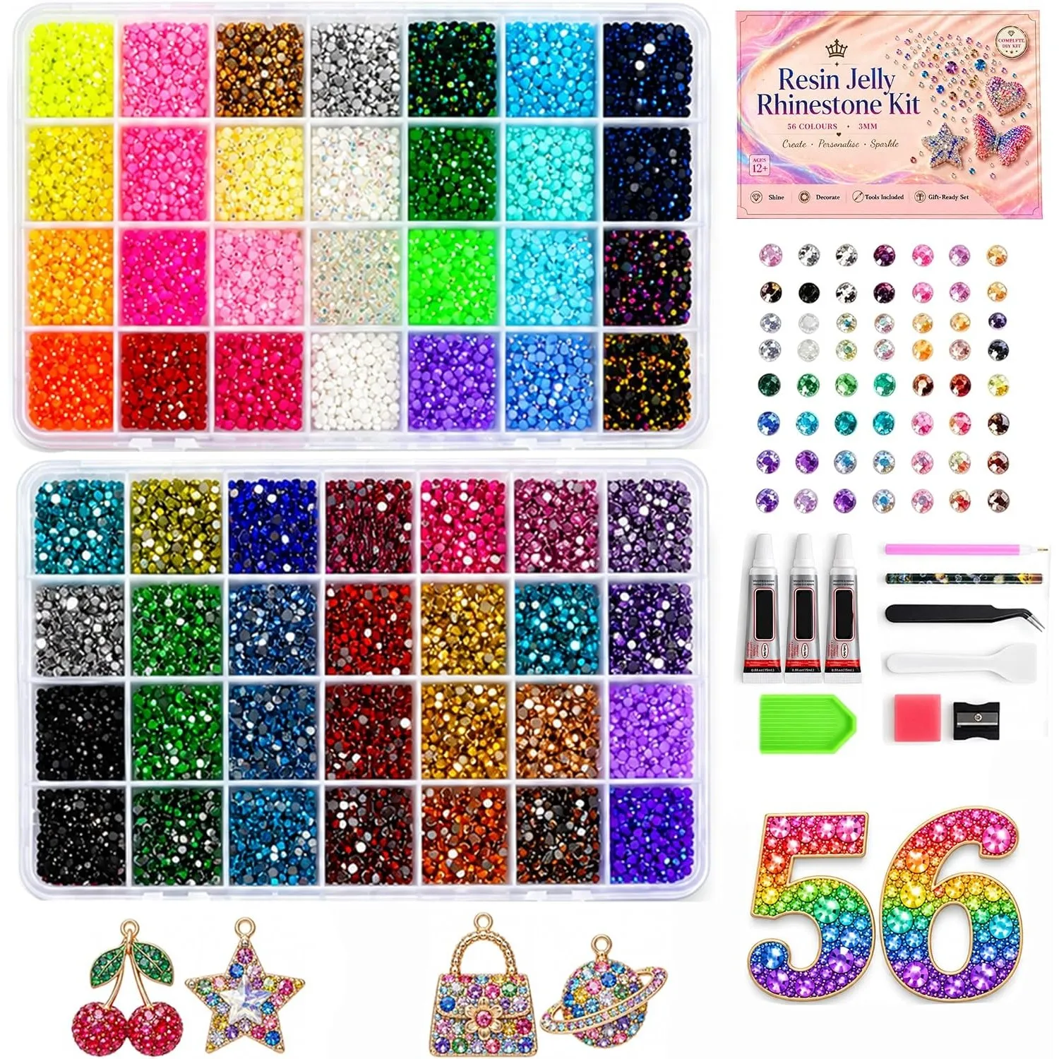 56 Farben Bedazzler Kit, 45.000 Stück 3mm Harz Strasssteine Set