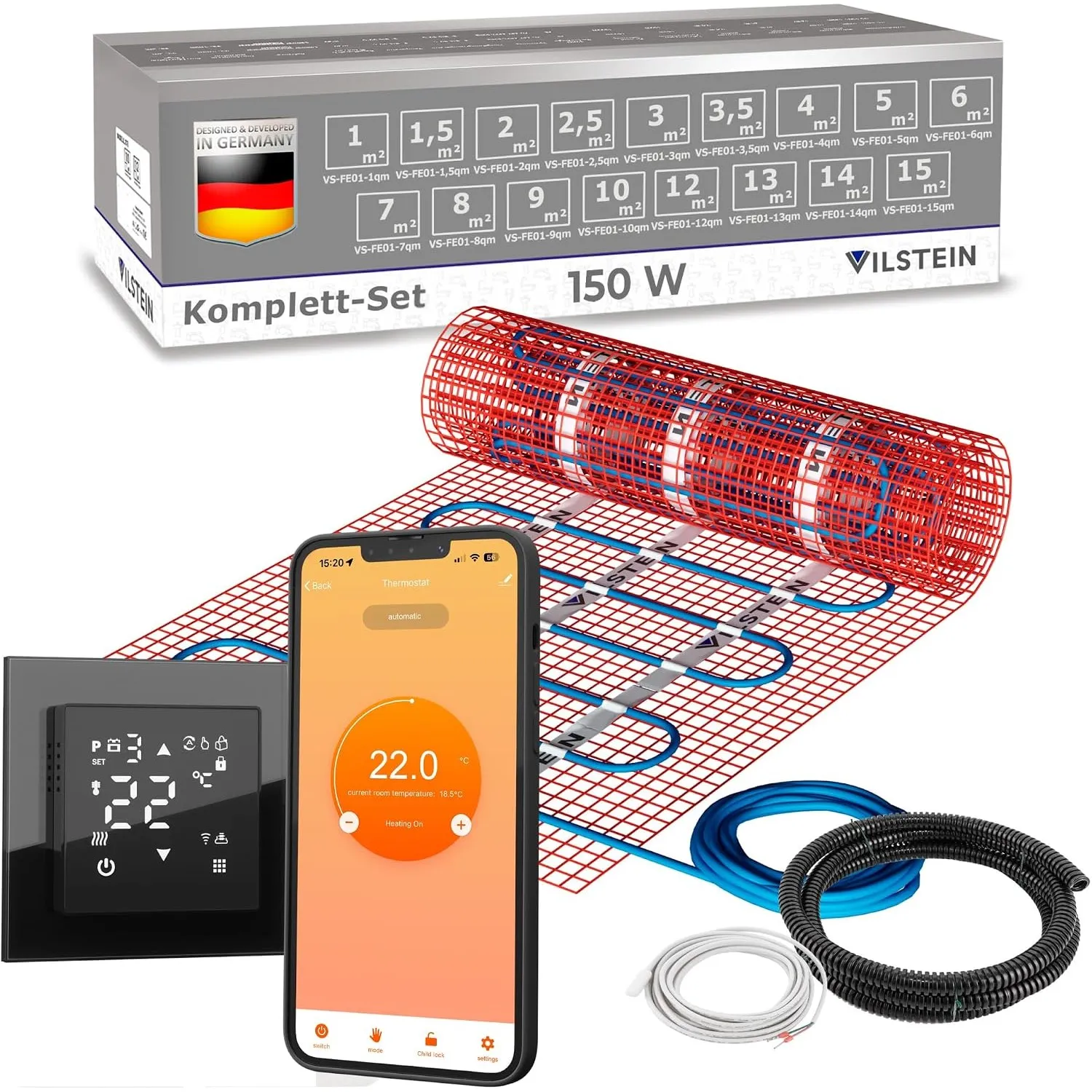 VILSTEIN® Elektrische Fußbodenheizung 150W/m² Set – Komplettset mit WiFi