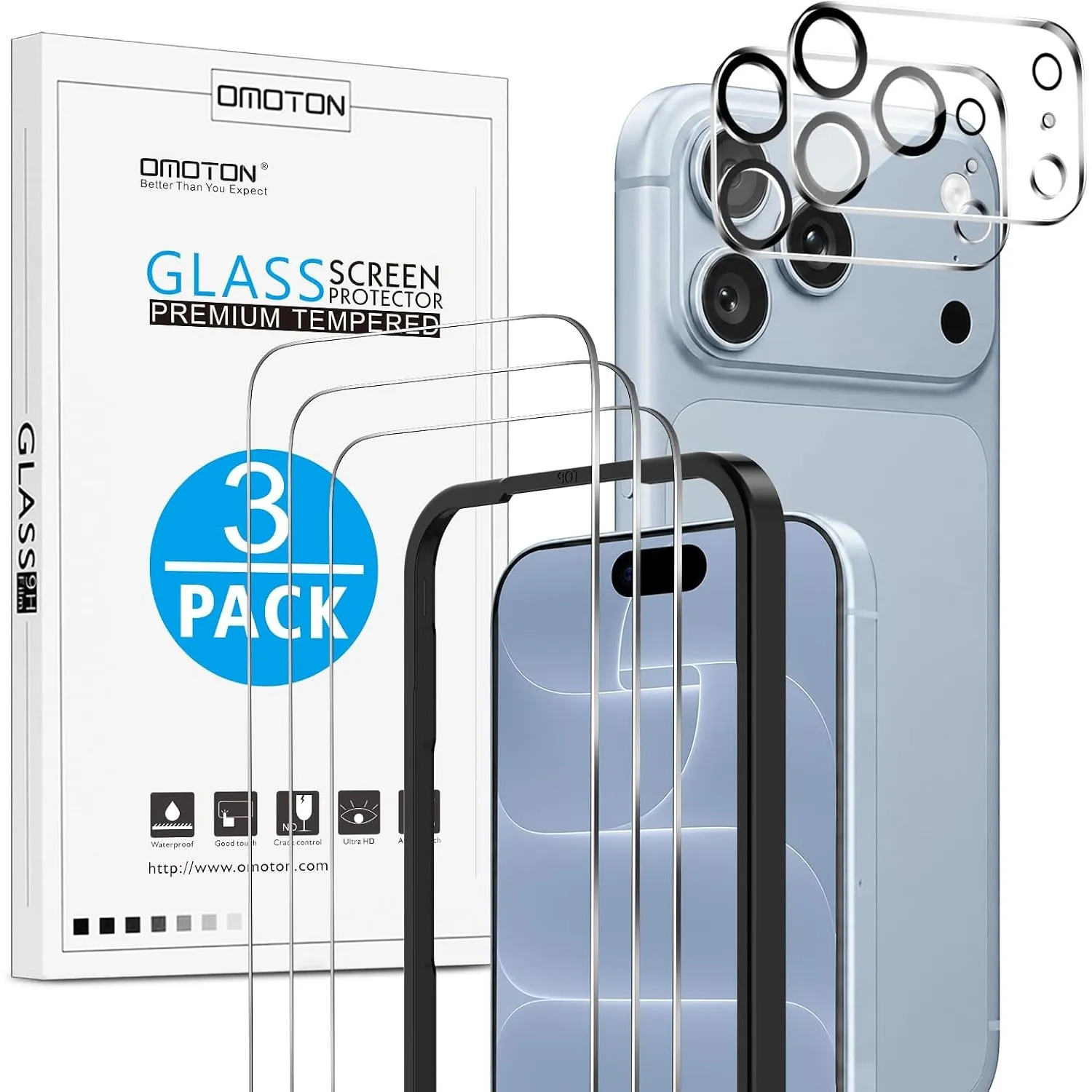 OMOTON für iPhone 18 Pro Panzerglas mit Montagerahmen, 3+2 Stück