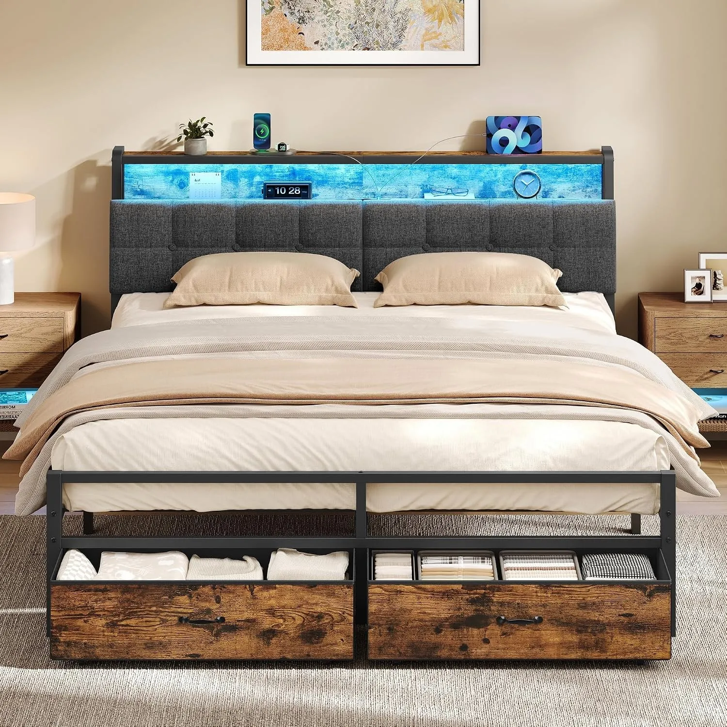 VASAGLE Bettgestell mit 2 Schubladen, 160 x 200 cm, LED-Beleuchtung, Ladestation, Metall, Bettrahmen mit gepolstertem K…