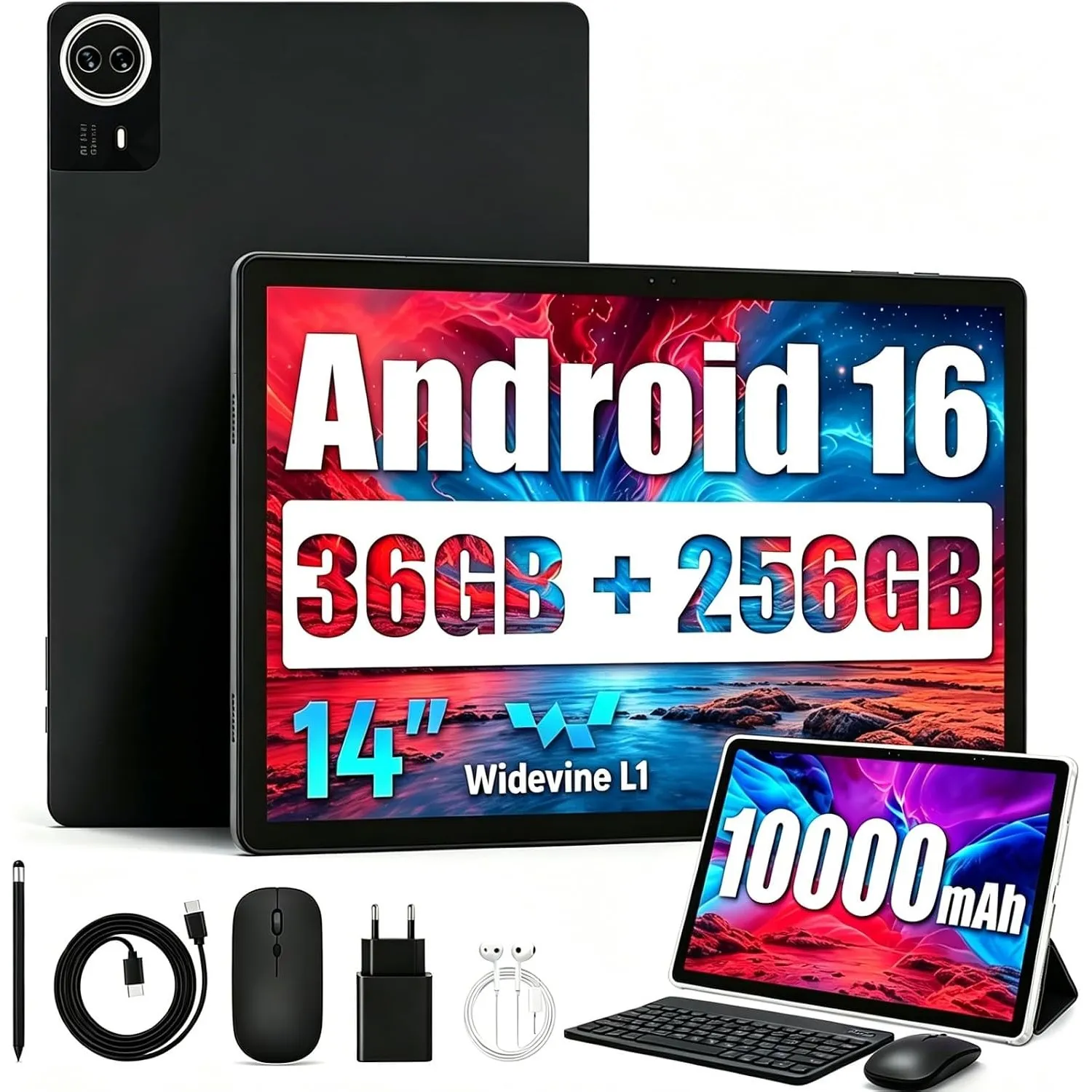 Tablet 14 Zoll Android 16 Laptop 2-in-1 Tablets PC Octa-Core 36 GB RAM 256 GB ROM 2 TB erweiterbar 1920x1200 IPS FHD 10…
