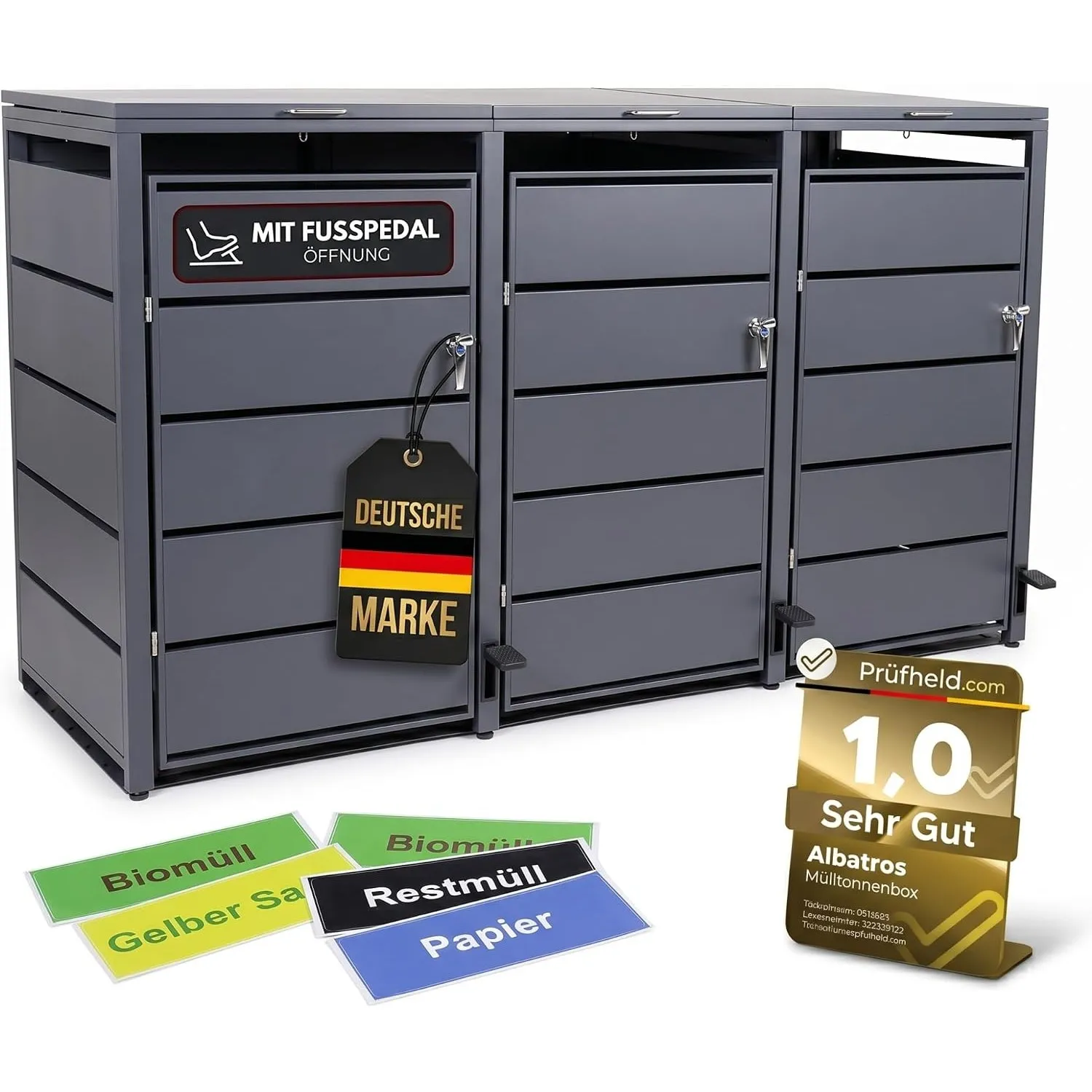 ALBATROS Mülltonnenbox 3er mit Pedal | Metall RAL7016, 120-240L, abschl. | Verzinkter Stahl Anthrazit, wetterfest, ISO9…