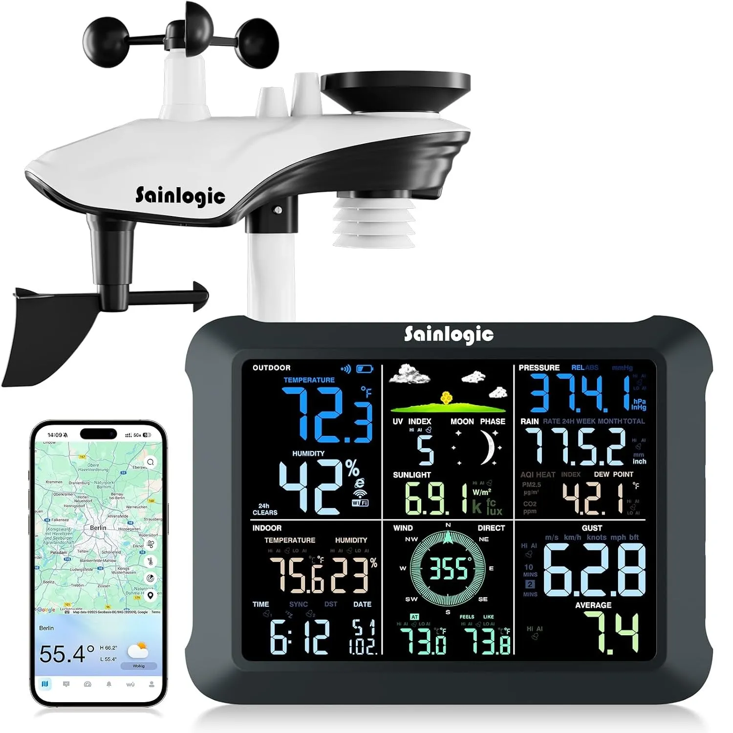 Sainlogic Wetterstation WLAN mit Außensensor Regen Windmessert(Nur 2,4 GHz)
