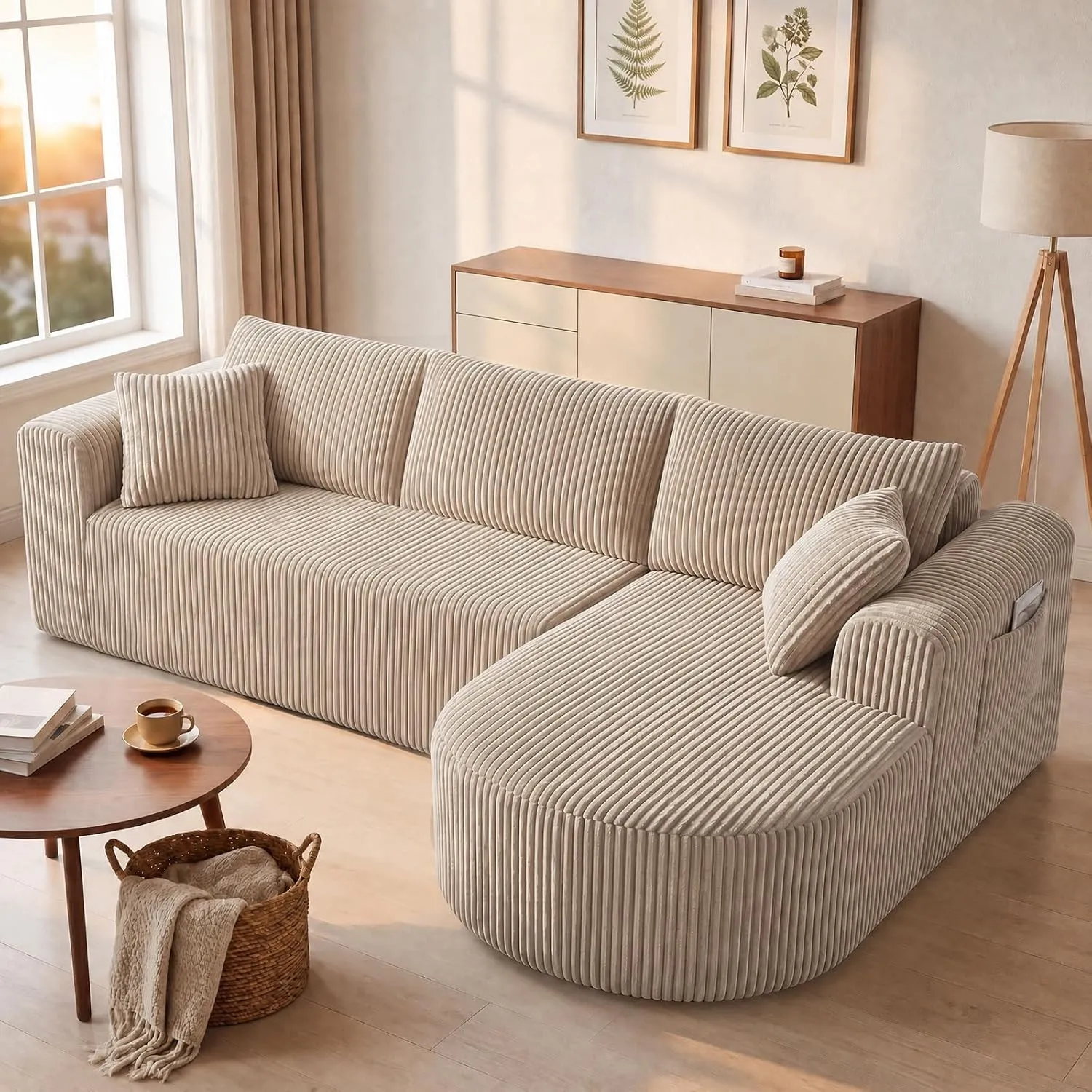 COMHOMA Ecksofa mit Schlaffunktion, 263cm Corduroy Modulares Boneless Couch mit Chaiselongue, L-Form Schlafsofa, Sektio…
