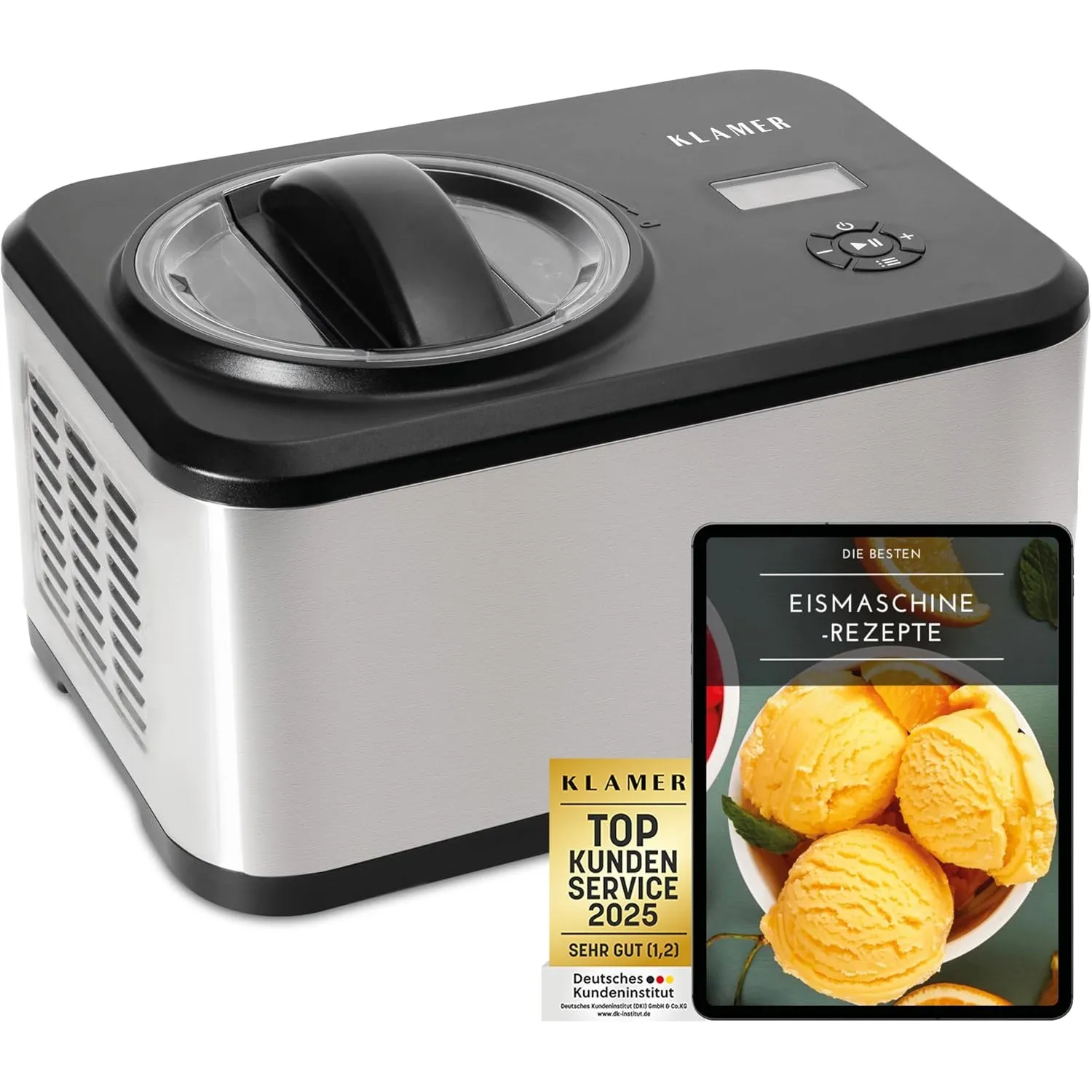 KLAMER Eismaschine 1,5 L Edelstahl, 120 W mit Kühlfunktion und Rezeptbuch