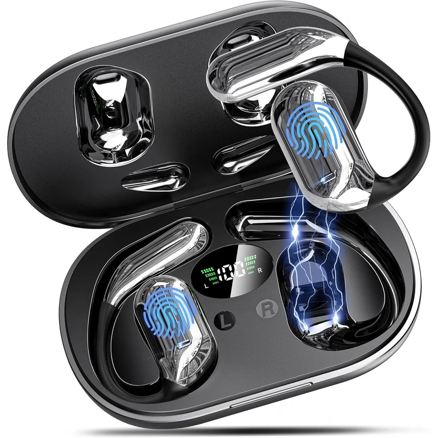 EUQQ Open Ear Kopfhörer Bluetooth 6.1 KI 50 Std Sport Kopfhörer für Laufen | mit Bequem Flexiblem Ohrhaken Doppel LED L…
