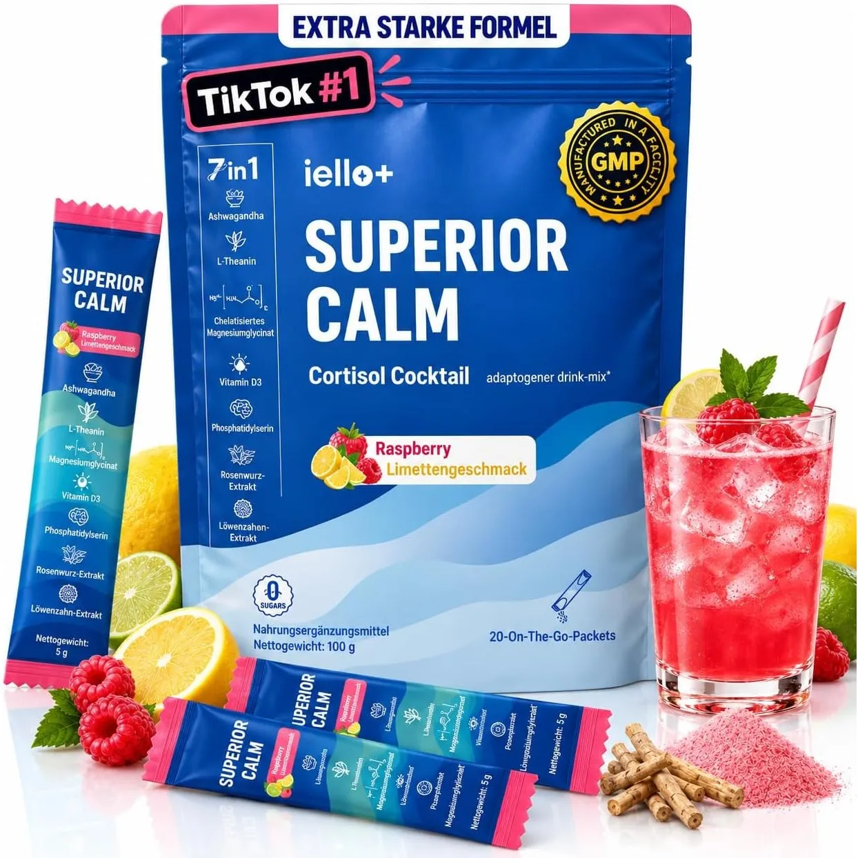 Jello+ Cortisol Cocktail Pulver – 2026 Cortisol Senken Pulver zum Abnehmen, mit Ashwagandha, Magnesiumglycinat, Vitamin…